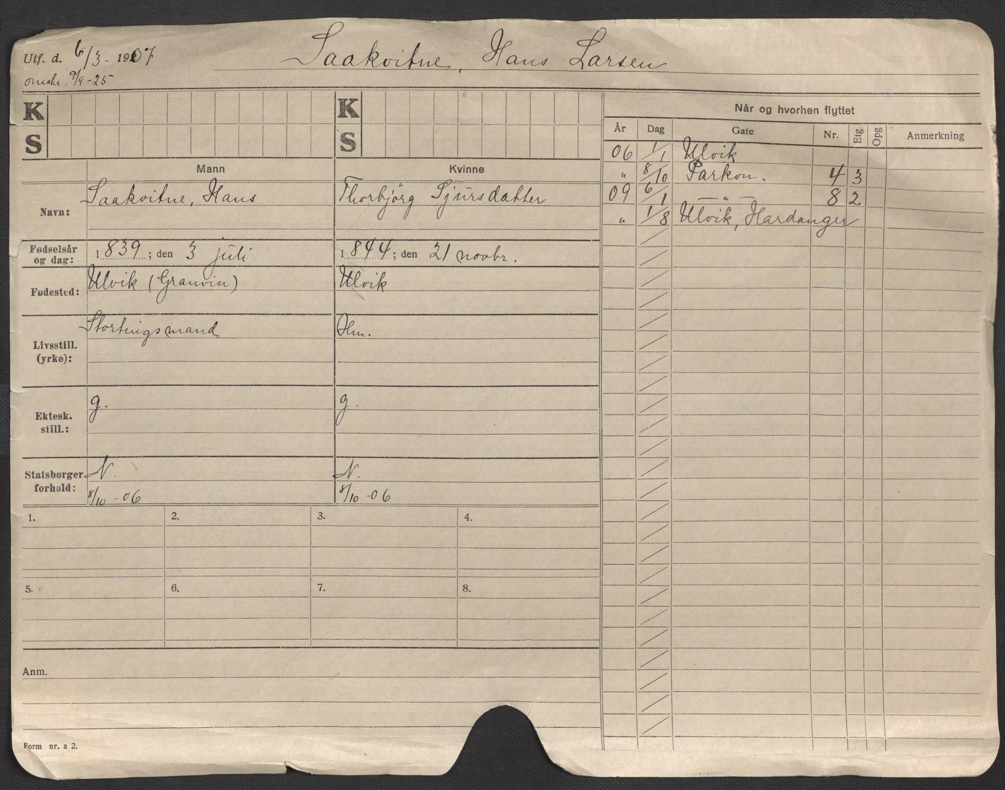 Oslo folkeregister, Registerkort, SAO/A-11715/F/Fa/Fac/L0010: Menn, 1906-1914, p. 1a