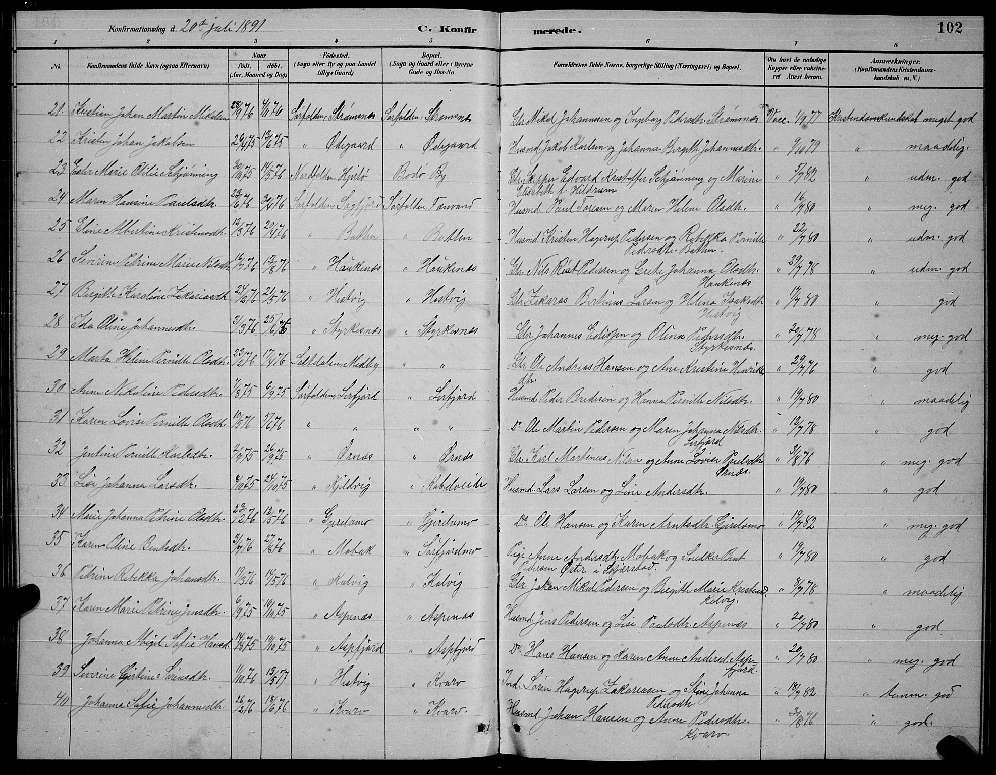 Ministerialprotokoller, klokkerbøker og fødselsregistre - Nordland, AV/SAT-A-1459/854/L0785: Parish register (copy) no. 854C01, 1883-1891, p. 102