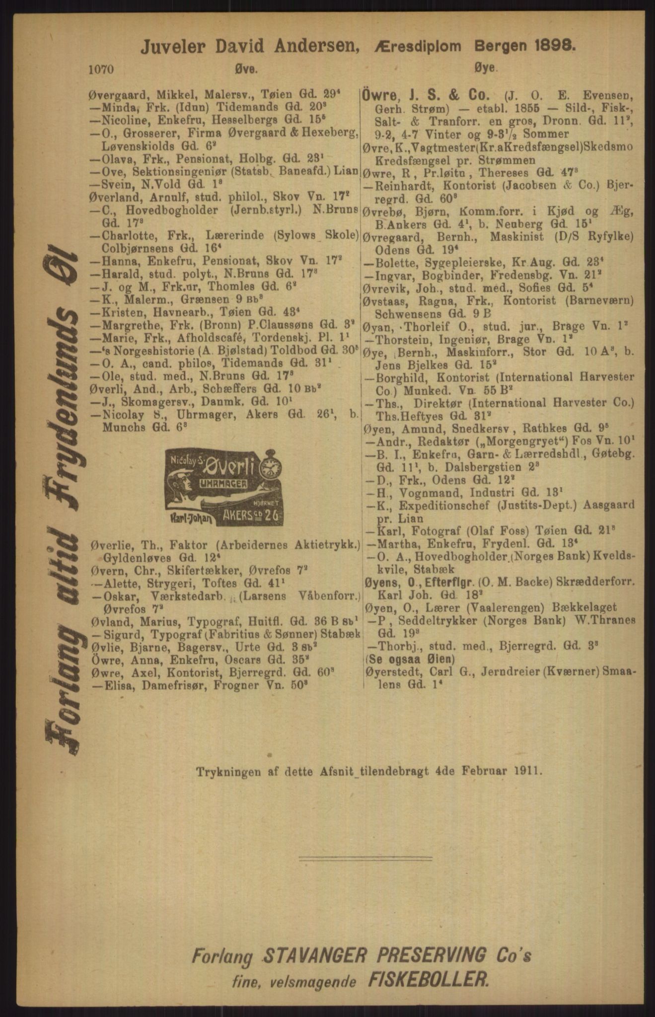 Kristiania/Oslo adressebok, PUBL/-, 1911, p. 1070