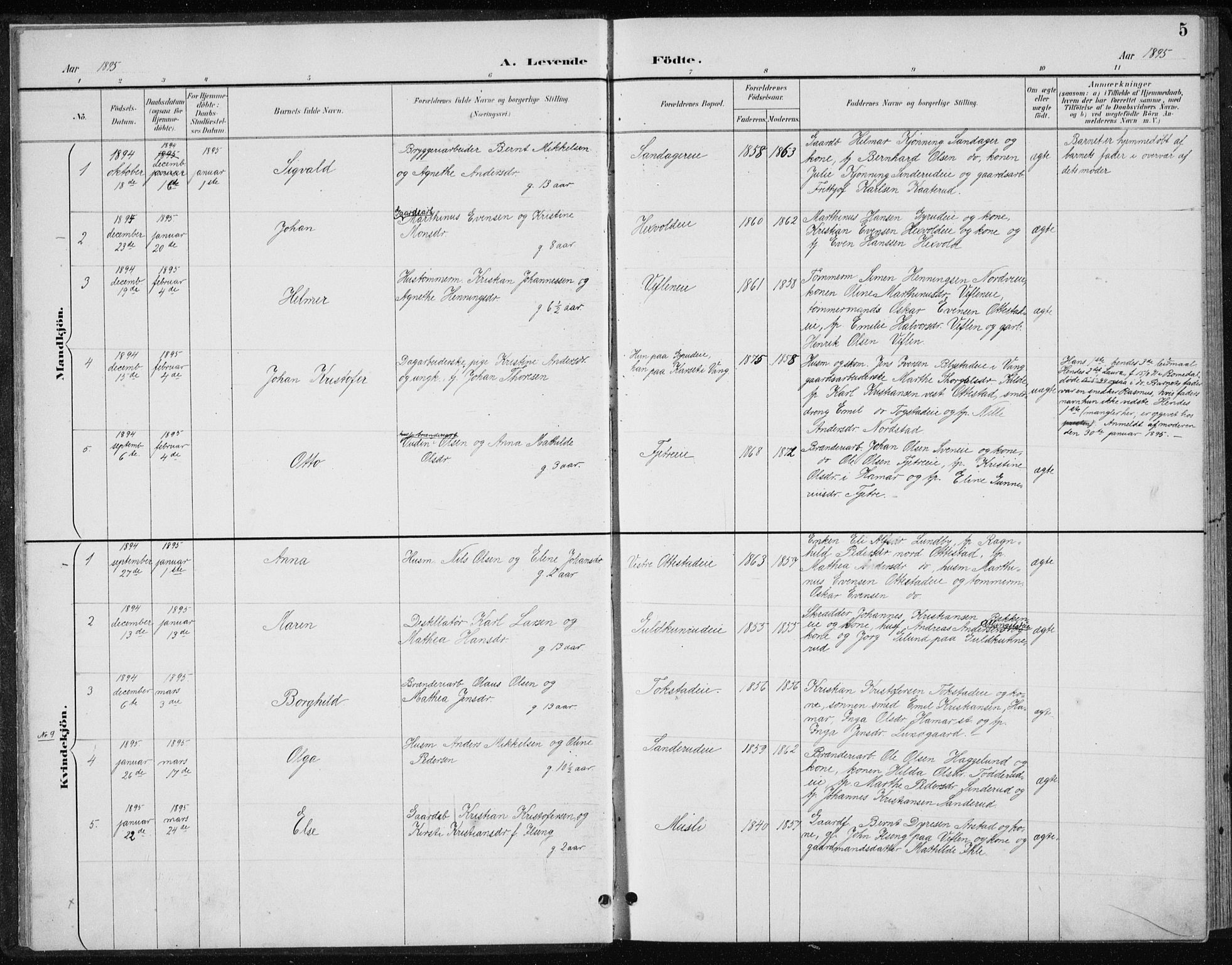 Stange prestekontor, SAH/PREST-002/L/L0010: Parish register (copy) no. 10, 1894-1905, p. 5