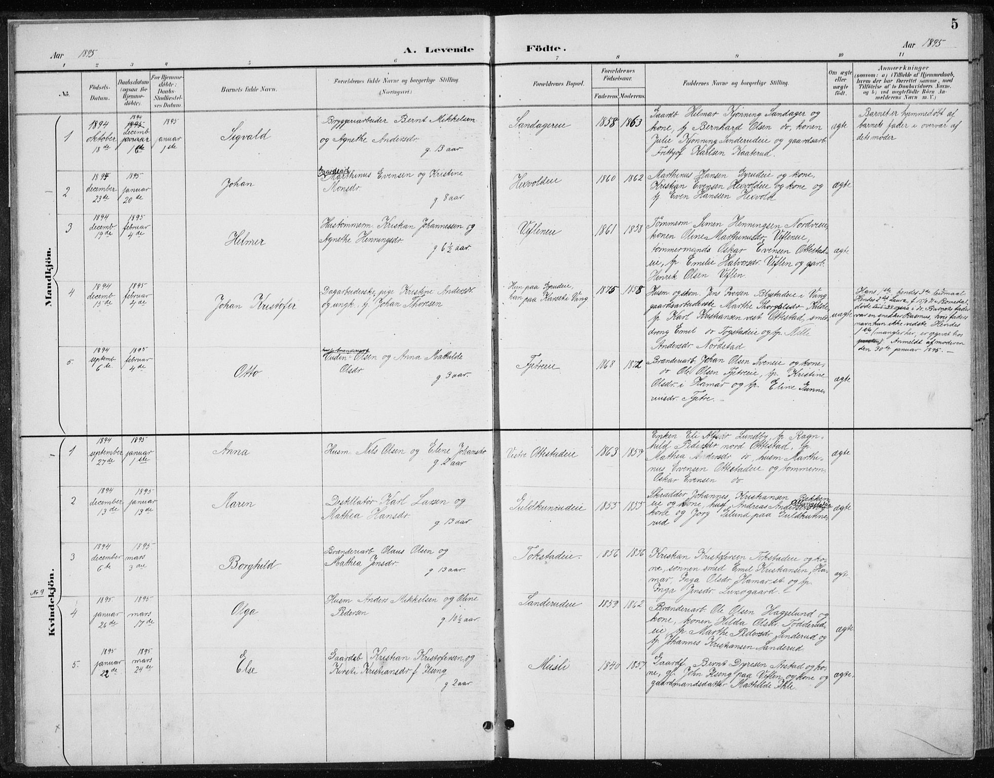 Stange prestekontor, AV/SAH-PREST-002/L/L0010: Parish register (copy) no. 10, 1894-1905, p. 5