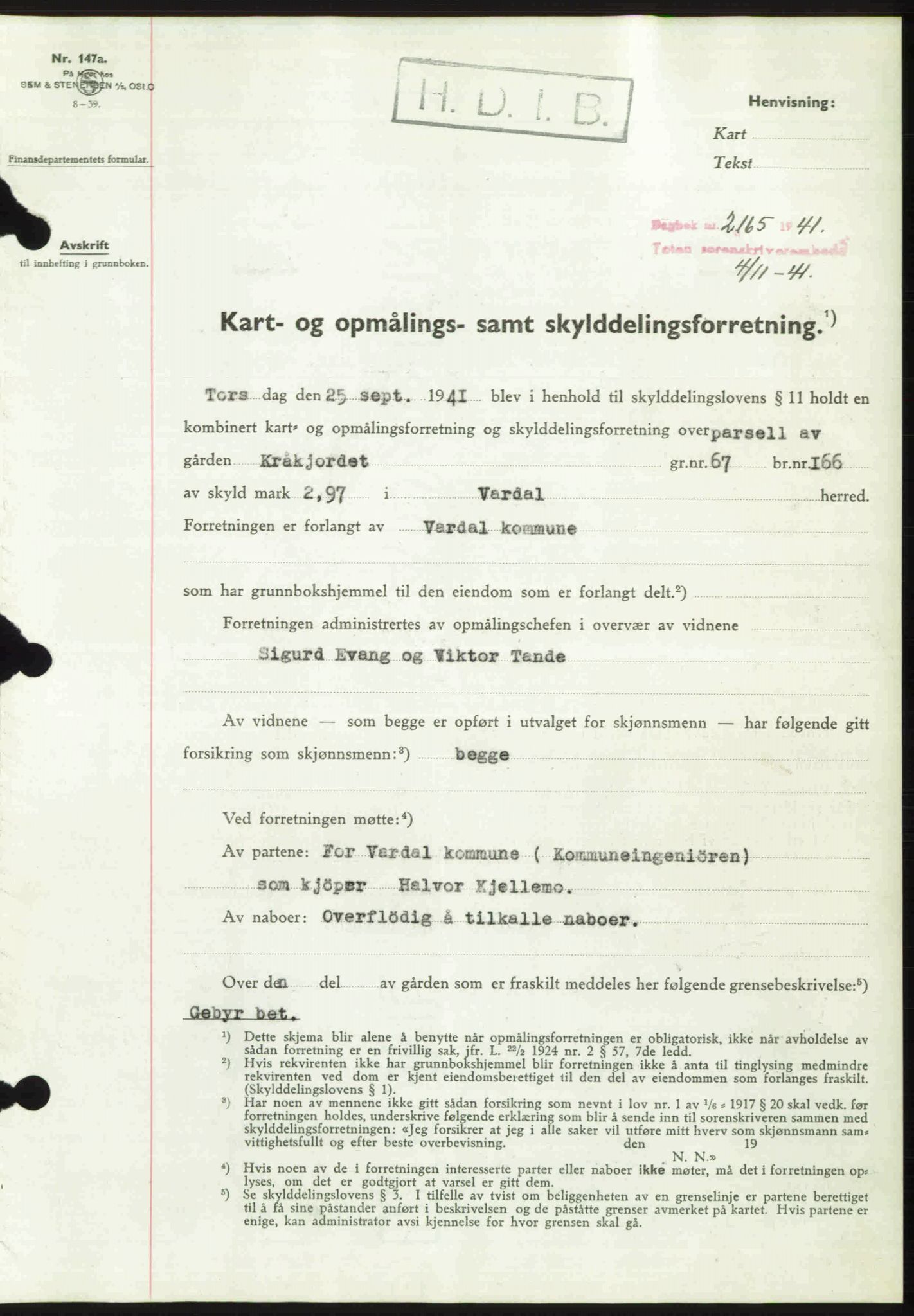 Toten tingrett, SAH/TING-006/H/Hb/Hbc/L0008: Mortgage book no. Hbc-08, 1941-1941, Diary no: : 2165/1941