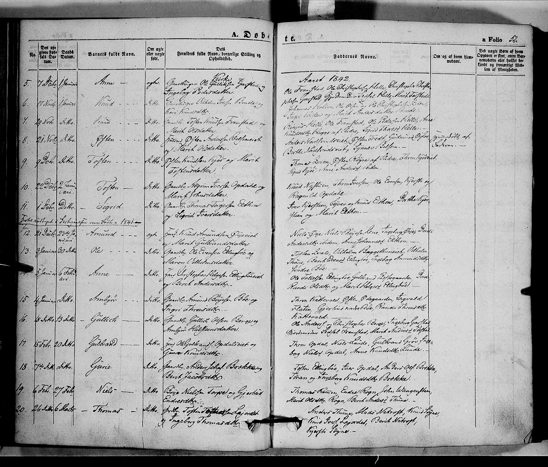 Vang prestekontor, Valdres, SAH/PREST-140/H/Ha/L0005: Parish register (official) no. 5, 1831-1845, p. 52
