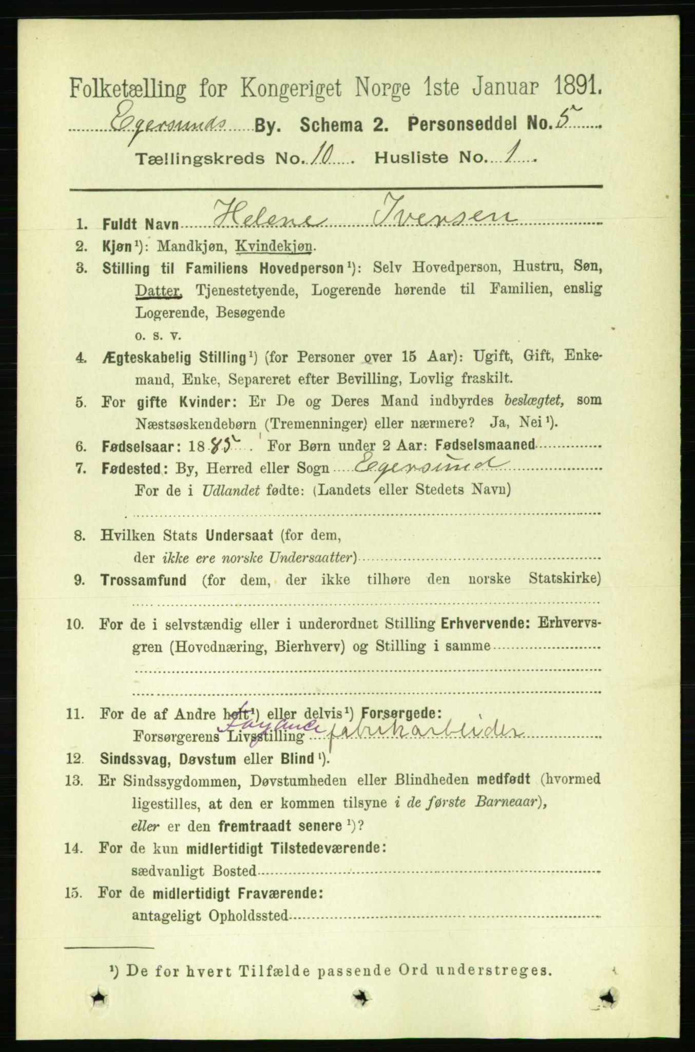 RA, 1891 census for 1101 Egersund, 1891, p. 1730