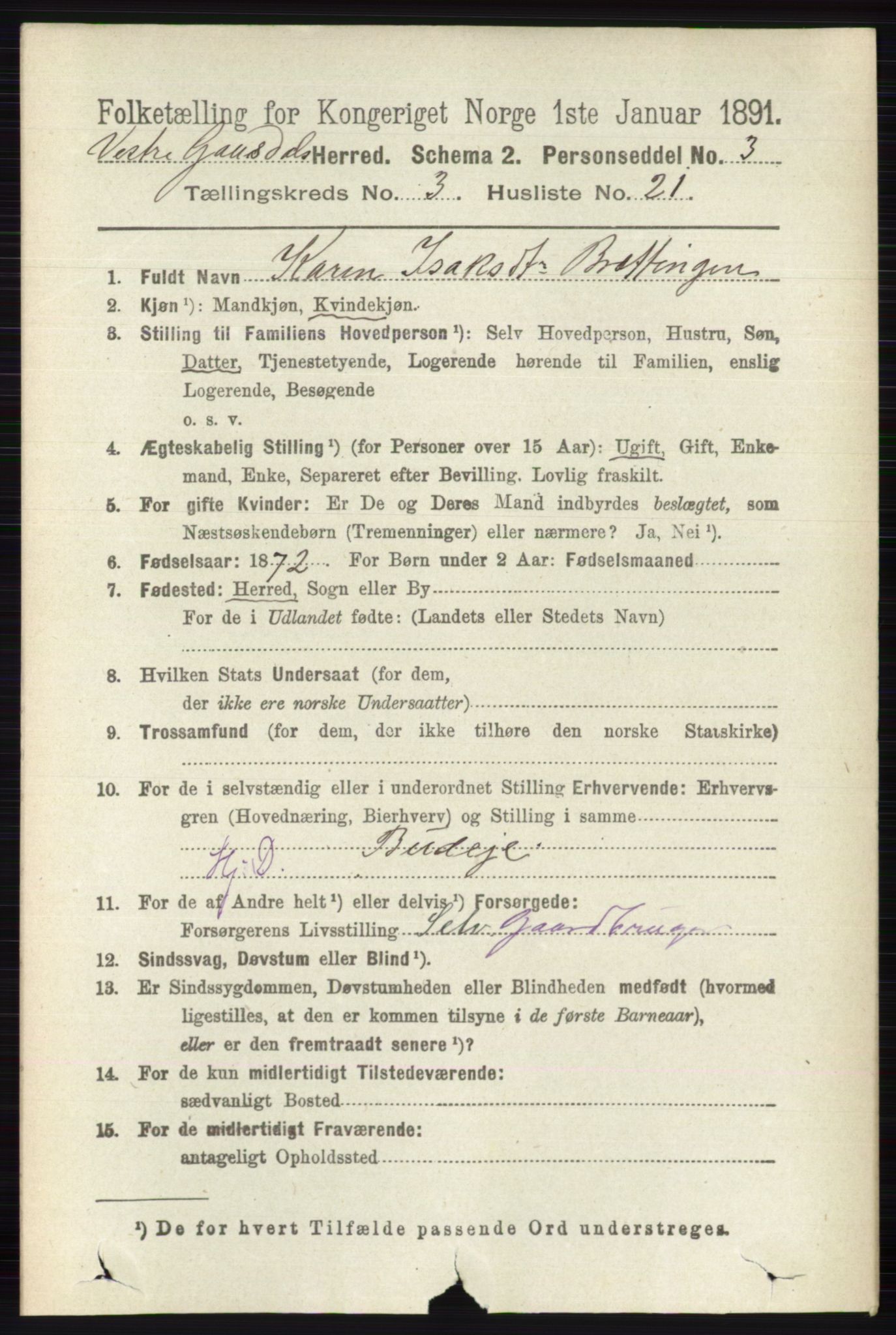 RA, 1891 census for 0523 Vestre Gausdal, 1891, p. 1385