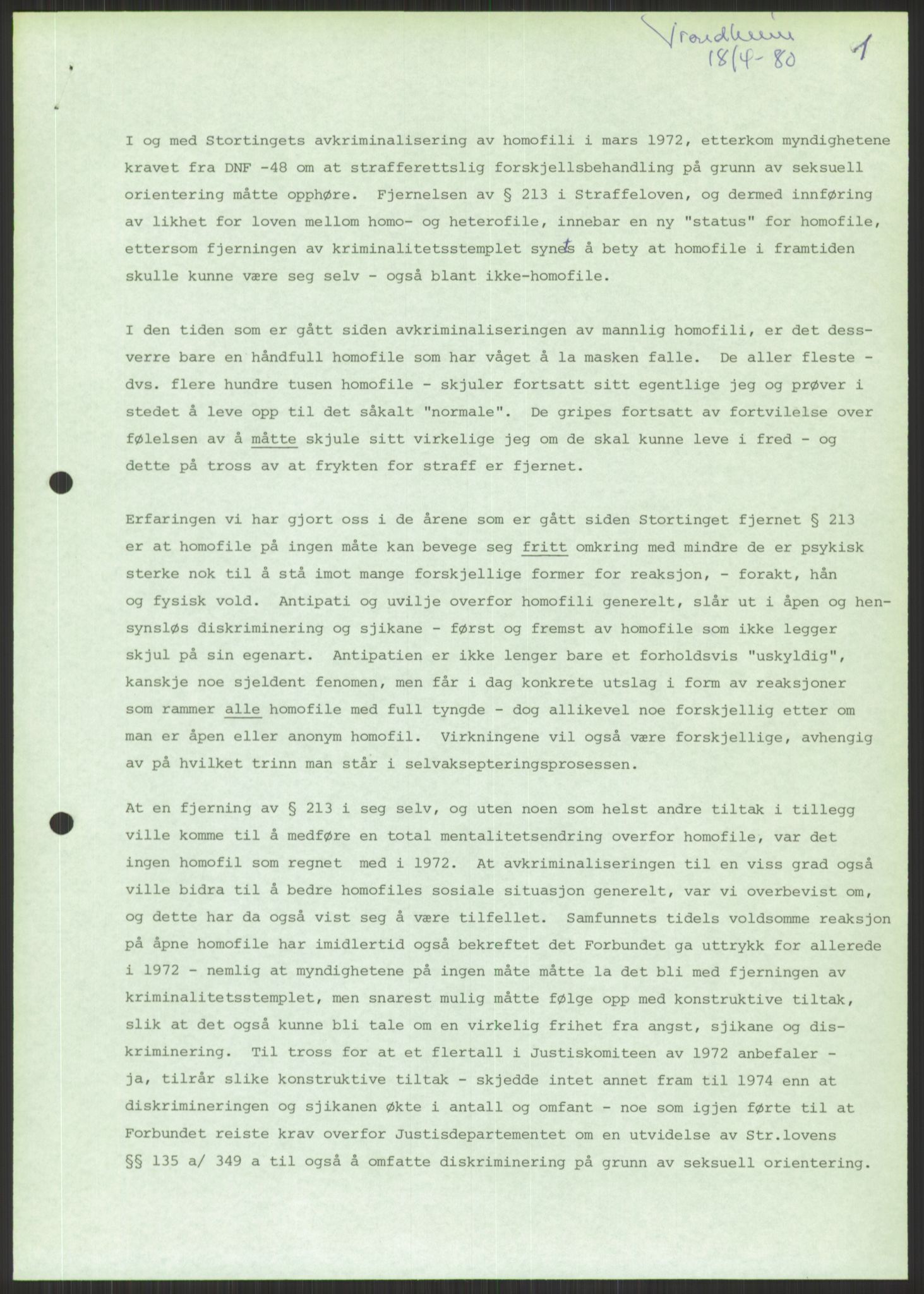 Det Norske Forbundet av 1948/Landsforeningen for Lesbisk og Homofil Frigjøring, AV/RA-PA-1216/D/Dd/L0001: Diskriminering, 1973-1991, p. 999