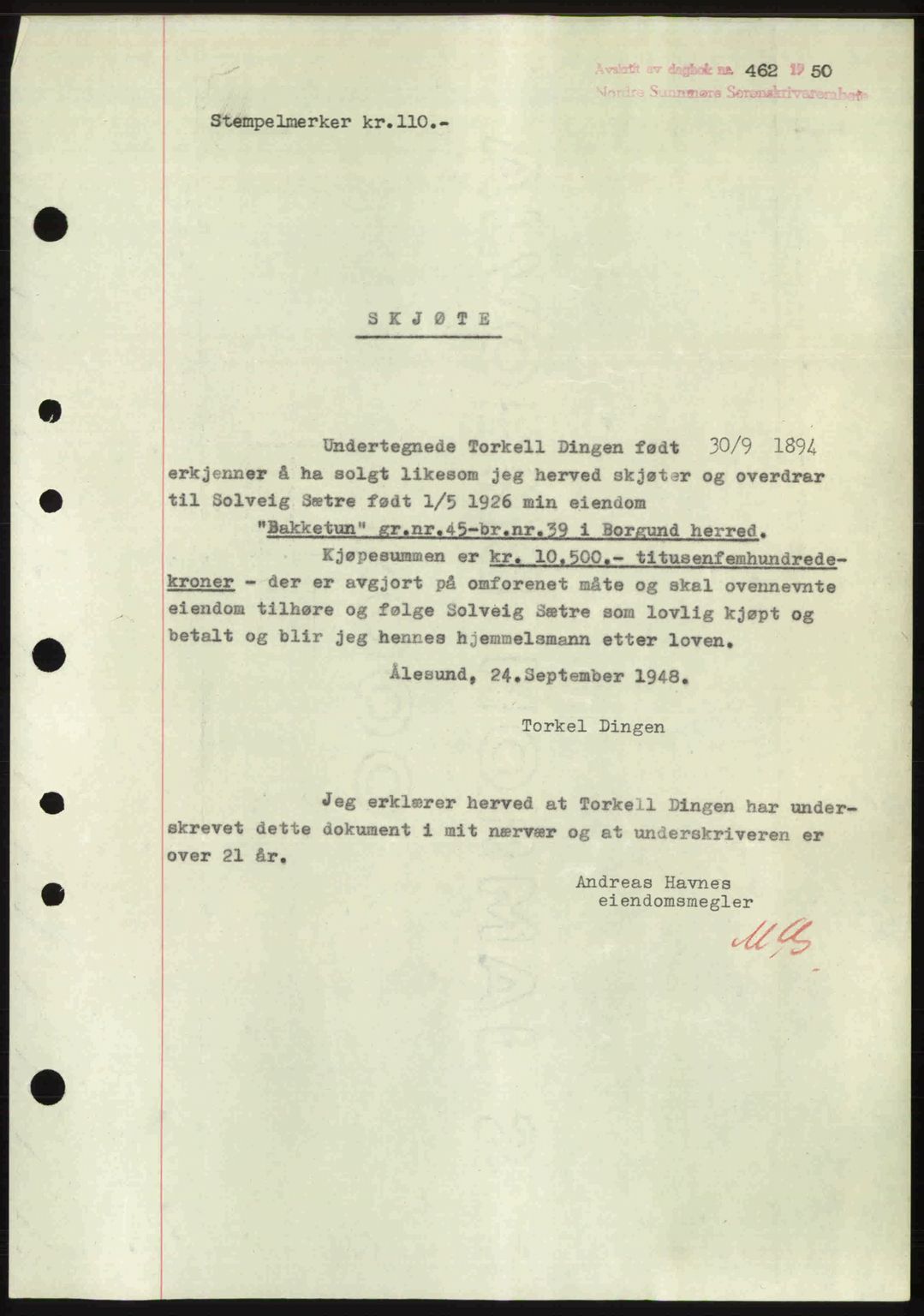 Nordre Sunnmøre sorenskriveri, AV/SAT-A-0006/1/2/2C/2Ca: Mortgage book no. A33, 1949-1950, Diary no: : 462/1950