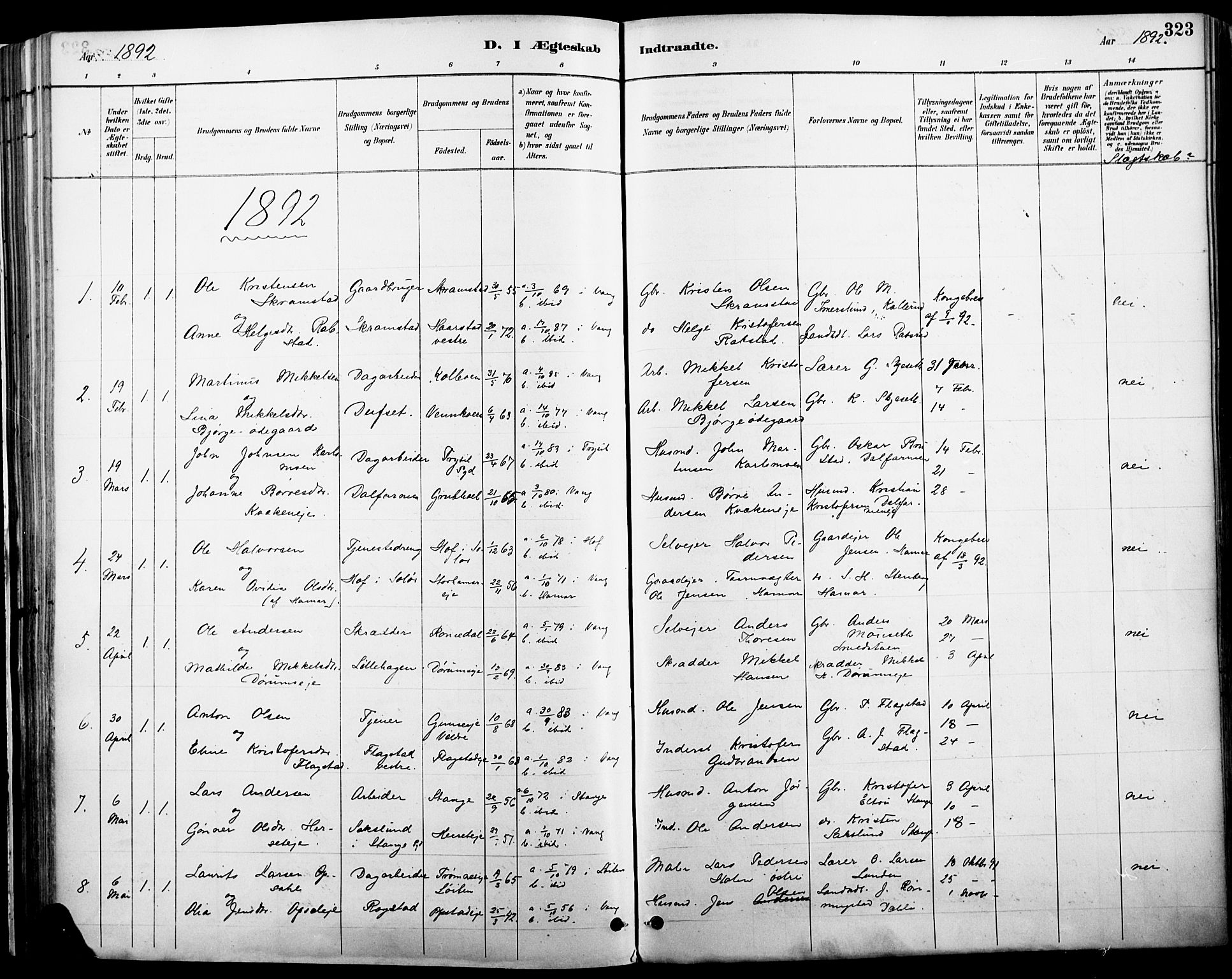 Vang prestekontor, Hedmark, SAH/PREST-008/H/Ha/Haa/L0019A: Parish register (official) no. 19, 1886-1900, p. 323