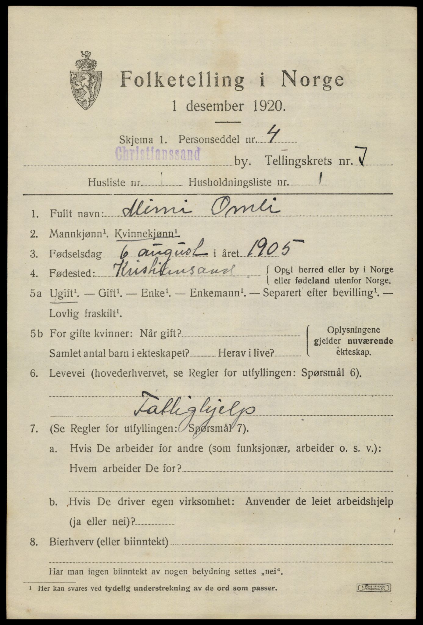 SAK, 1920 census for Kristiansand, 1920, p. 20061