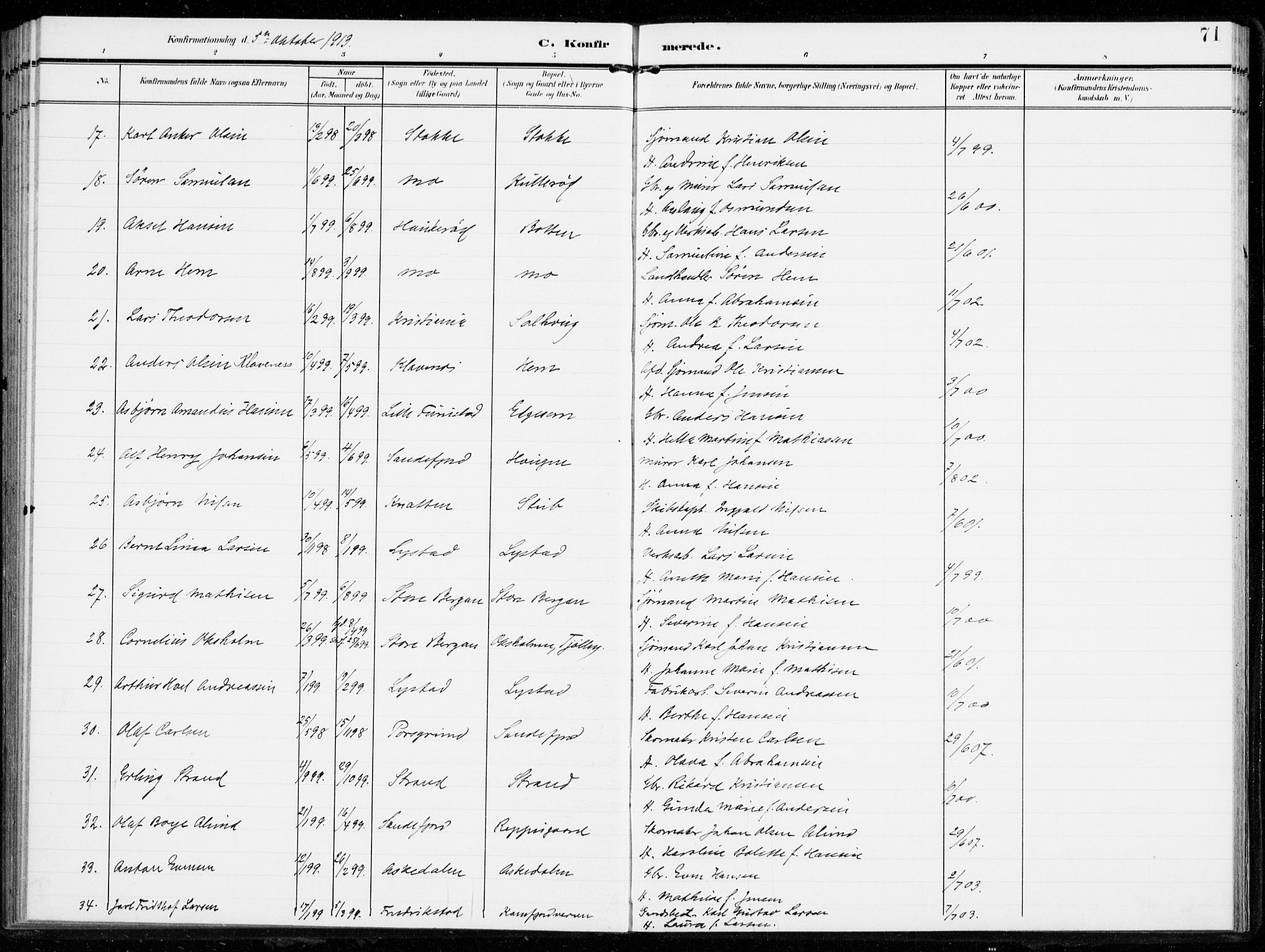 Sandar kirkebøker, SAKO/A-243/F/Fa/L0017: Parish register (official) no. 17, 1907-1917, p. 71