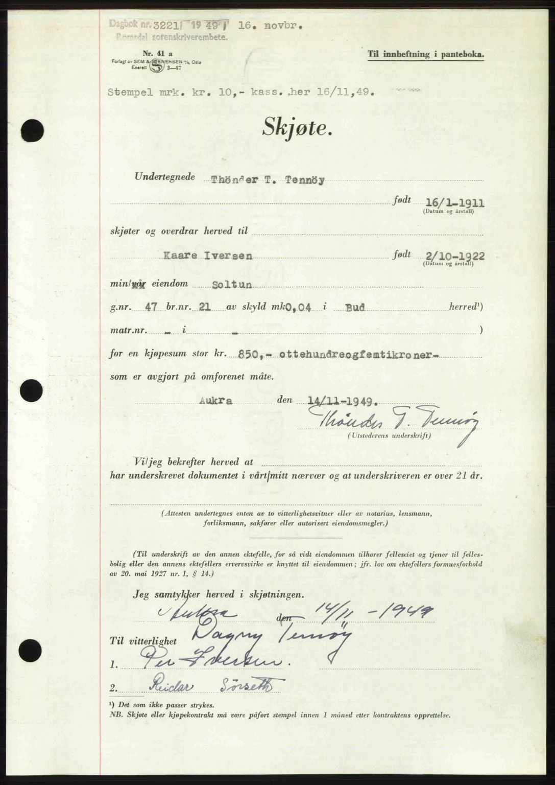 Romsdal sorenskriveri, AV/SAT-A-4149/1/2/2C: Mortgage book no. A31, 1949-1949, Diary no: : 3221/1949