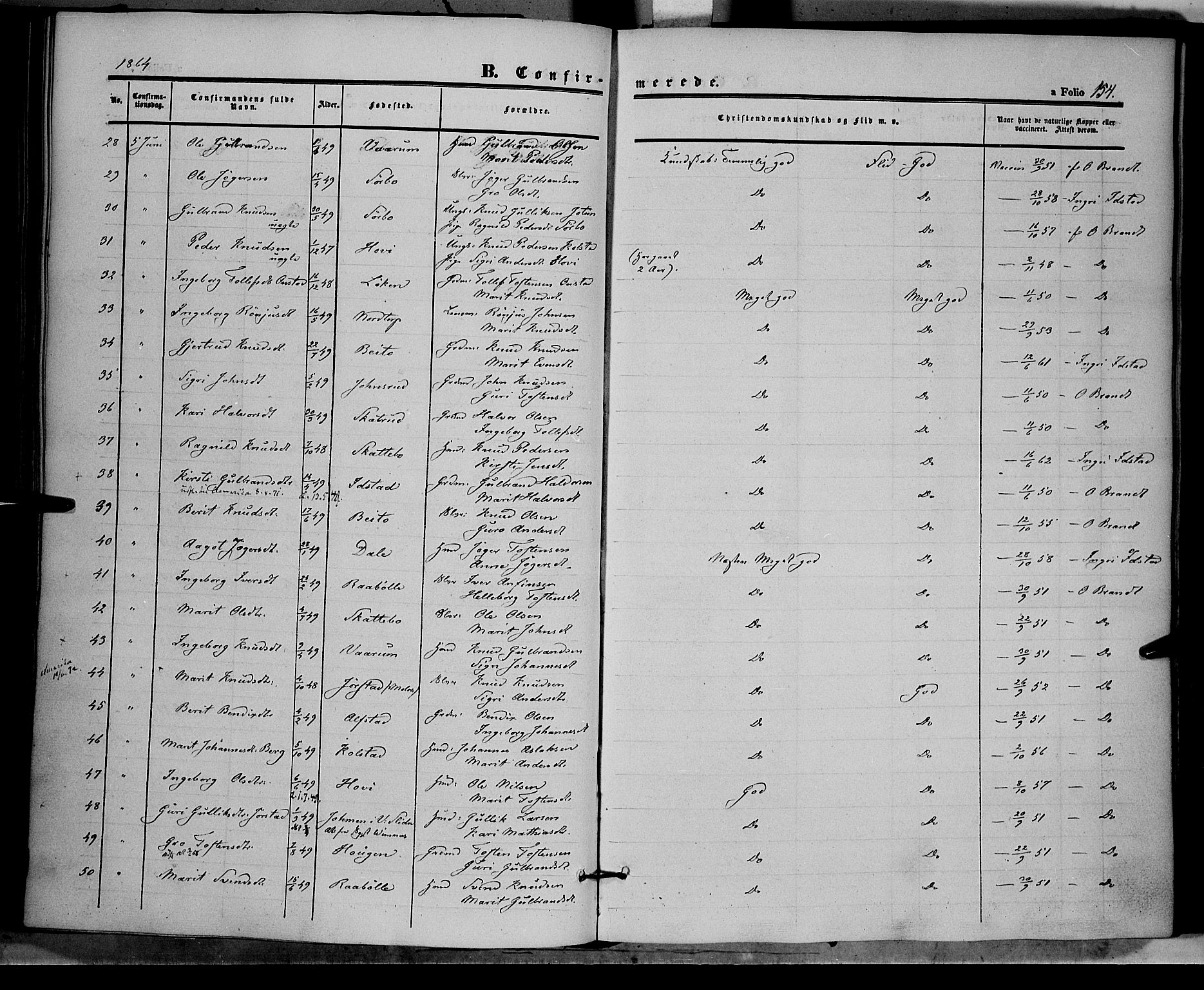 Øystre Slidre prestekontor, SAH/PREST-138/H/Ha/Haa/L0001: Parish register (official) no. 1, 1849-1874, p. 154