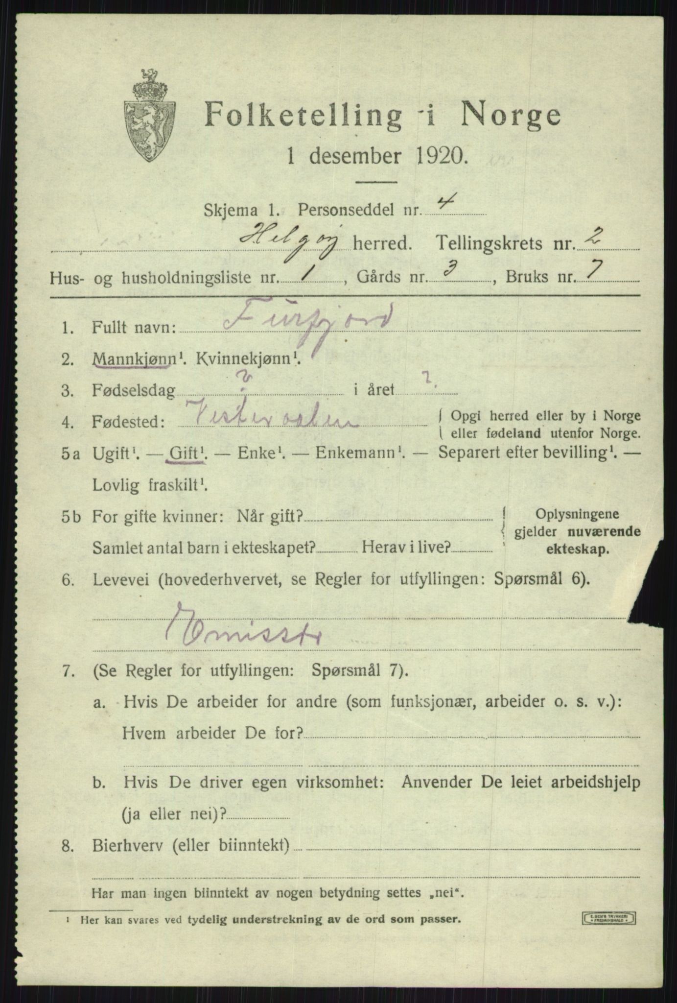 SATØ, 1920 census for Helgøy, 1920, p. 1123