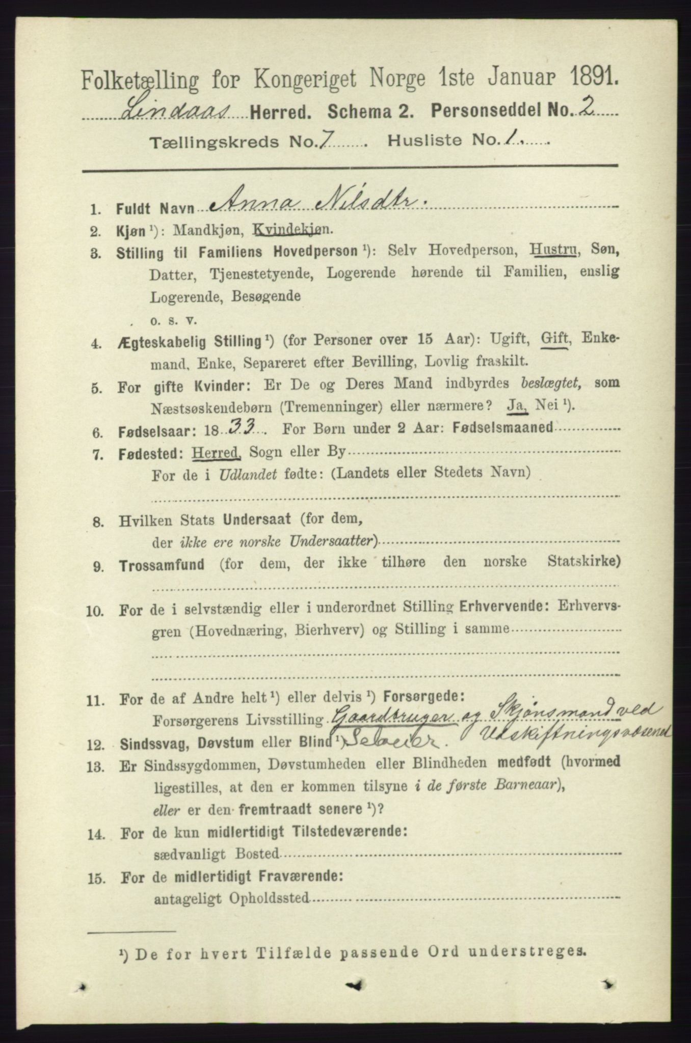 RA, 1891 census for 1263 Lindås, 1891, p. 2078