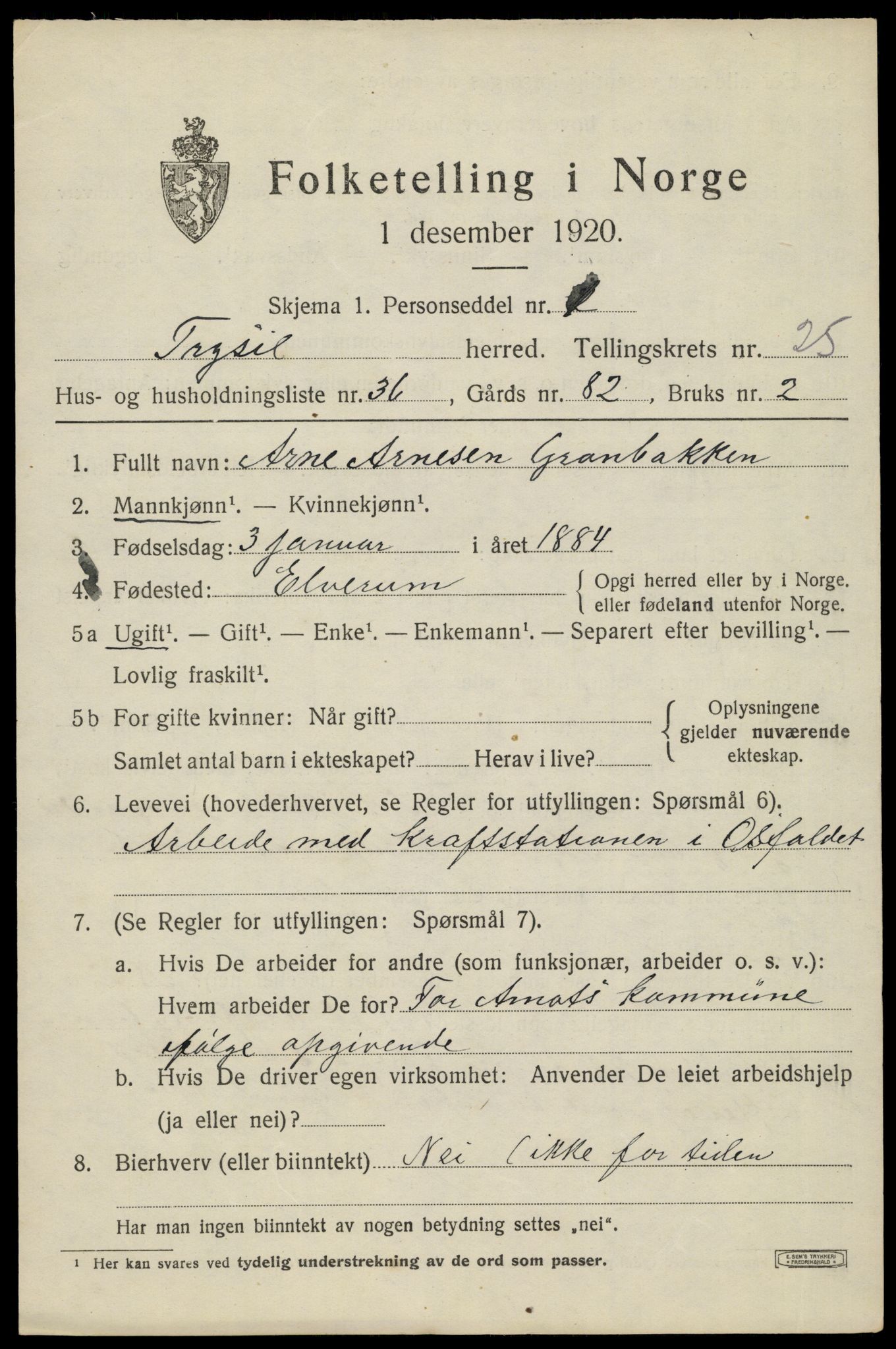 SAH, 1920 census for Trysil, 1920, p. 16109