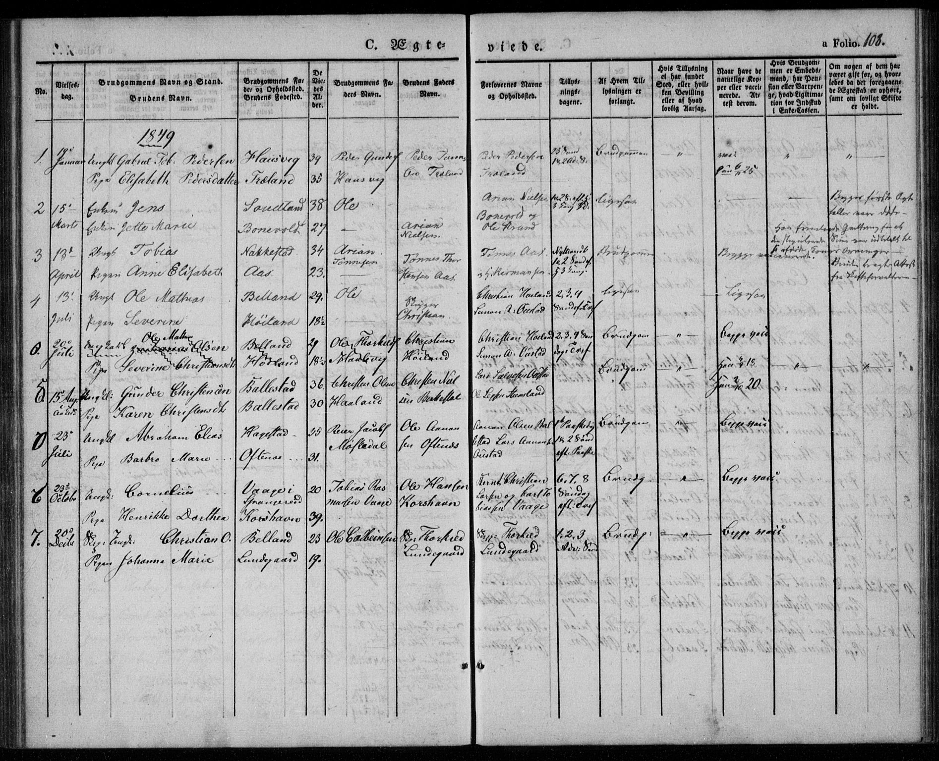 Lyngdal sokneprestkontor, AV/SAK-1111-0029/F/Fa/Faa/L0001: Parish register (official) no. A 1, 1837-1857, p. 108