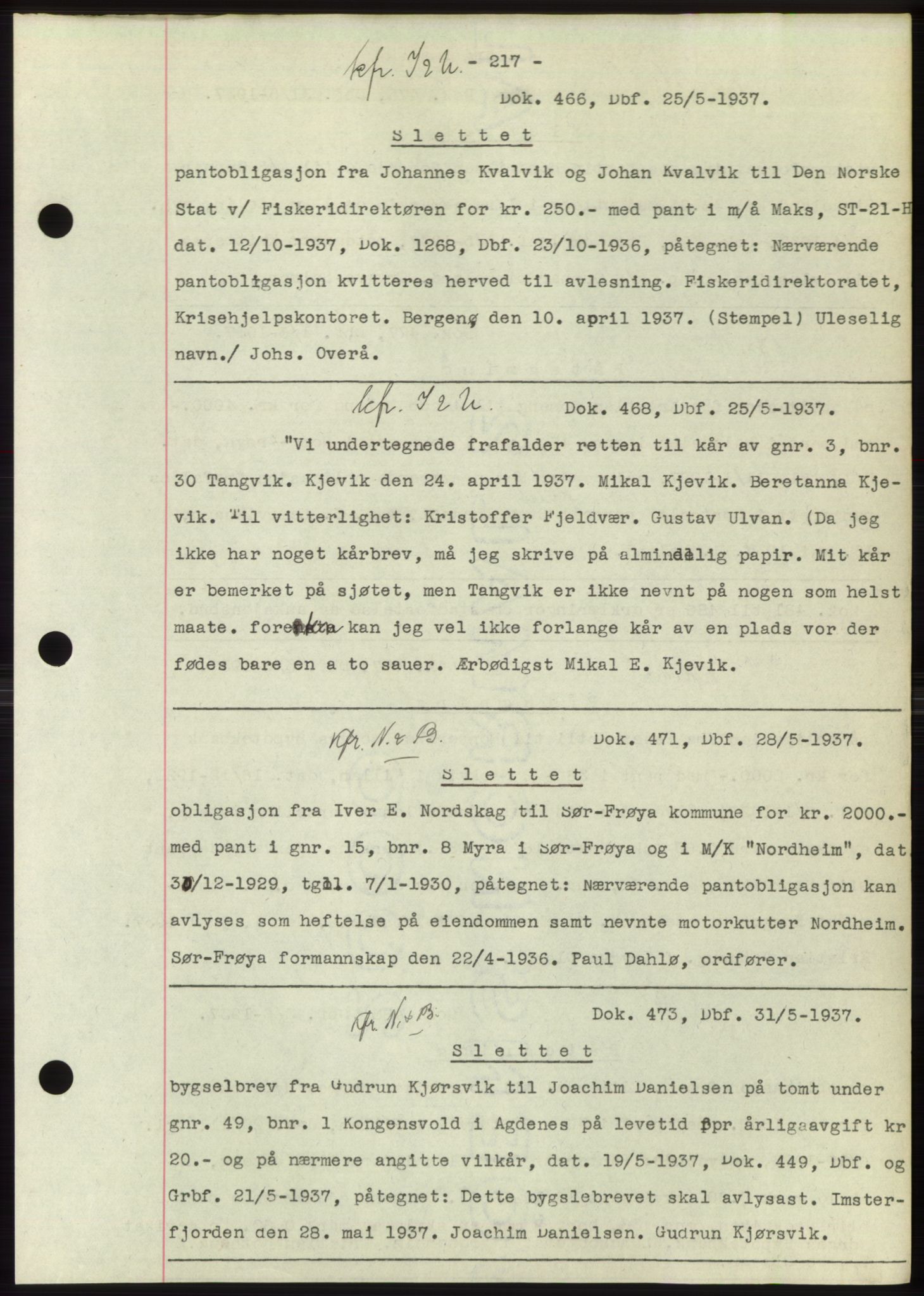 Hitra sorenskriveri, AV/SAT-A-0018/2/2C/2Ca: Mortgage book no. C1, 1936-1945, Diary no: : 466/1937