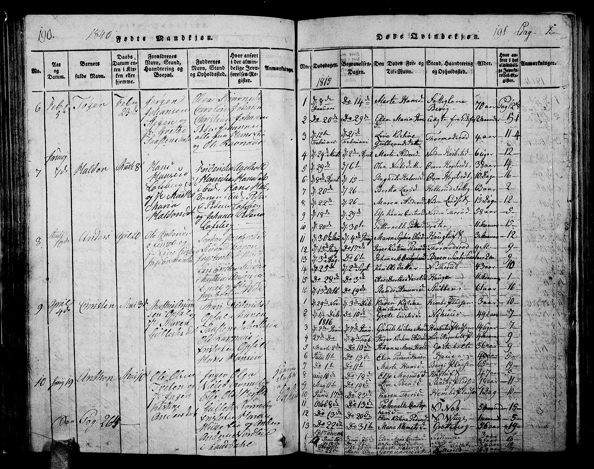 Hof kirkebøker, SAKO/A-64/G/Ga/L0001: Parish register (copy) no. I 1, 1814-1844, p. 190-191
