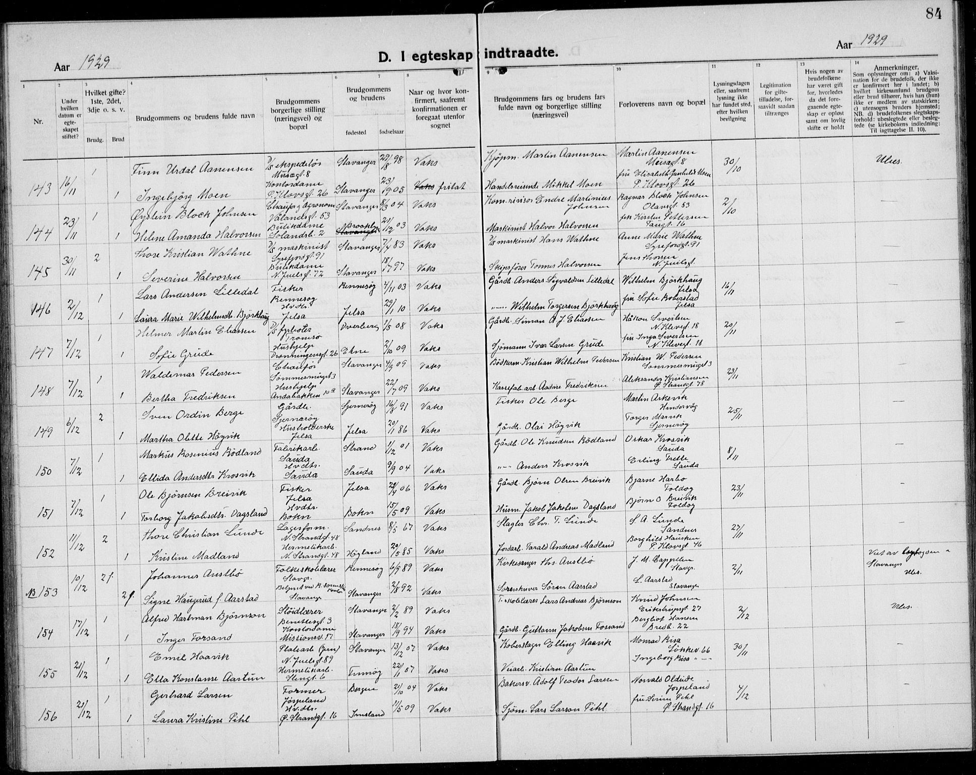 Domkirken sokneprestkontor, AV/SAST-A-101812/001/30/30BB/L0020: Parish register (copy) no. B 20, 1921-1937, p. 84