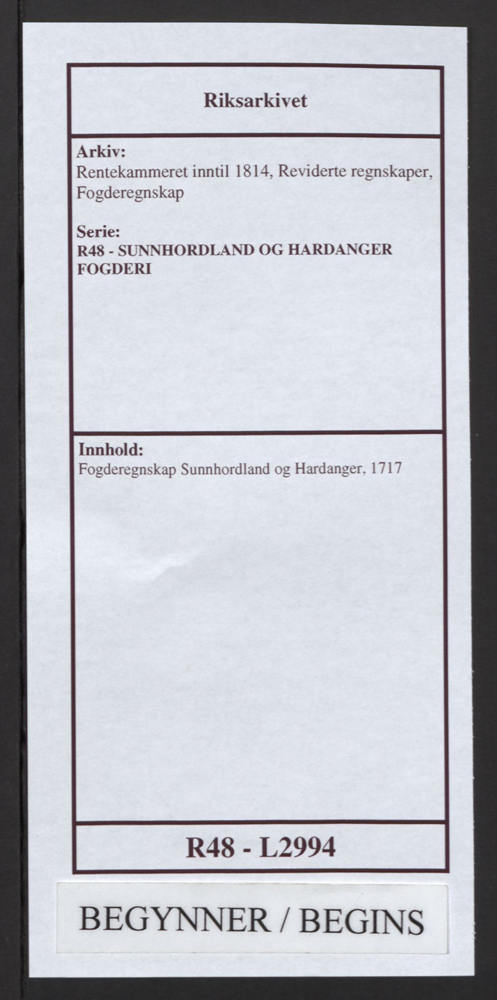 Rentekammeret inntil 1814, Reviderte regnskaper, Fogderegnskap, AV/RA-EA-4092/R48/L2994: Fogderegnskap Sunnhordland og Hardanger, 1717, p. 1