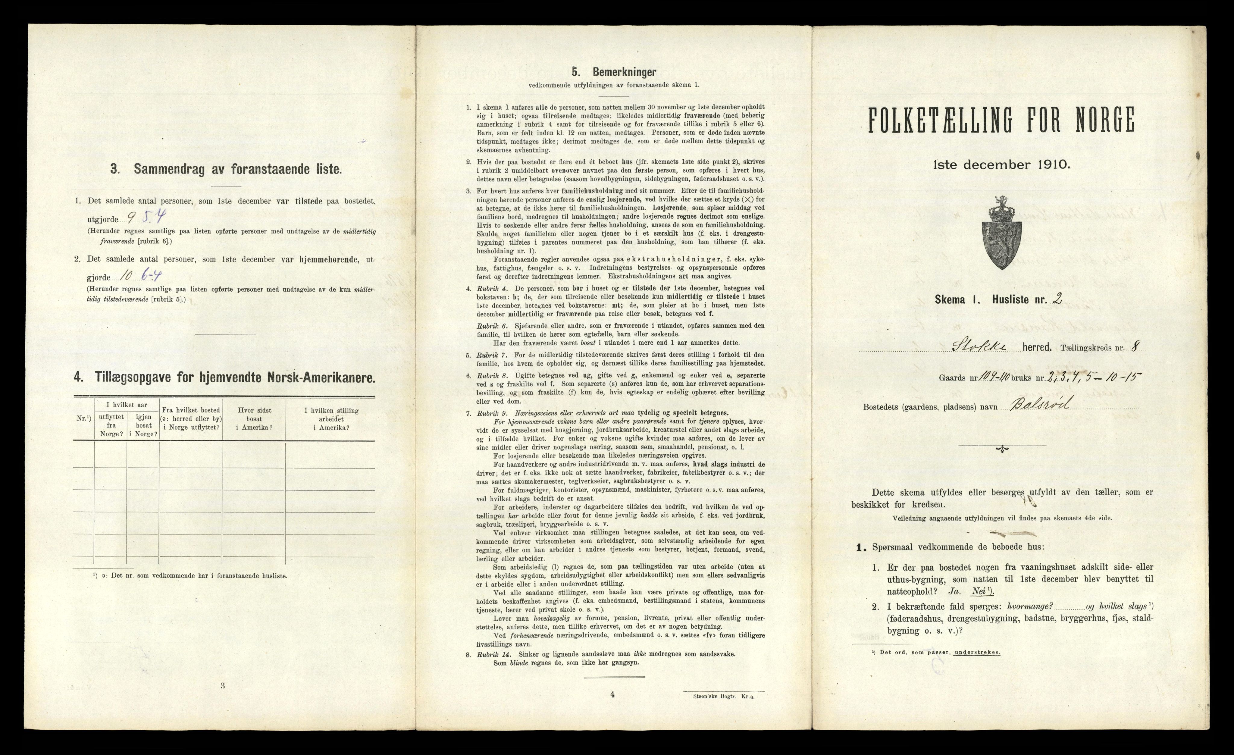 RA, 1910 census for Stokke, 1910, p. 1338