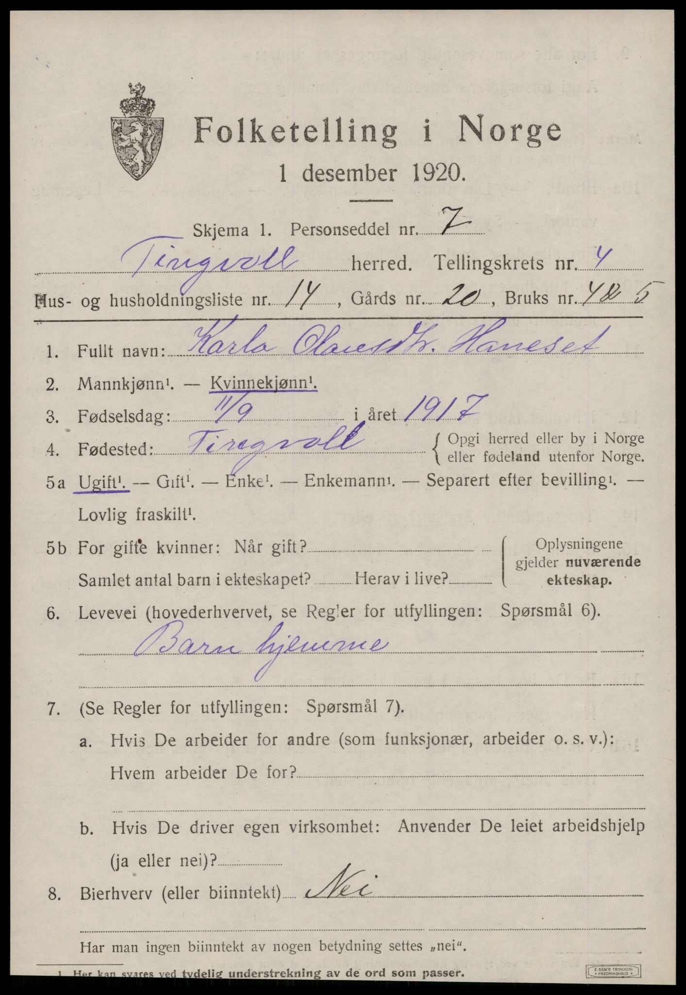 SAT, 1920 census for Tingvoll, 1920, p. 2010