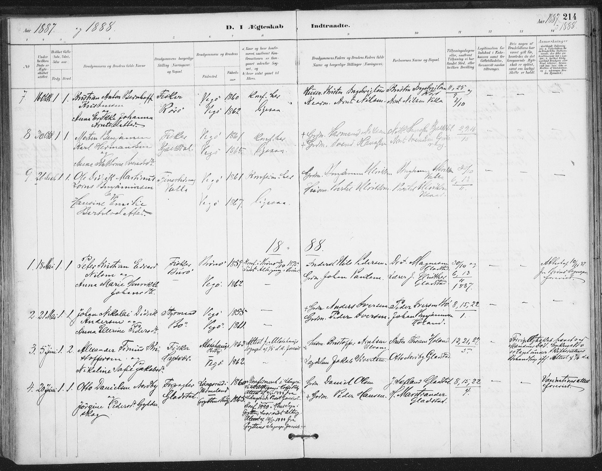 Ministerialprotokoller, klokkerbøker og fødselsregistre - Nordland, AV/SAT-A-1459/816/L0244: Parish register (official) no. 816A10, 1886-1903, p. 214