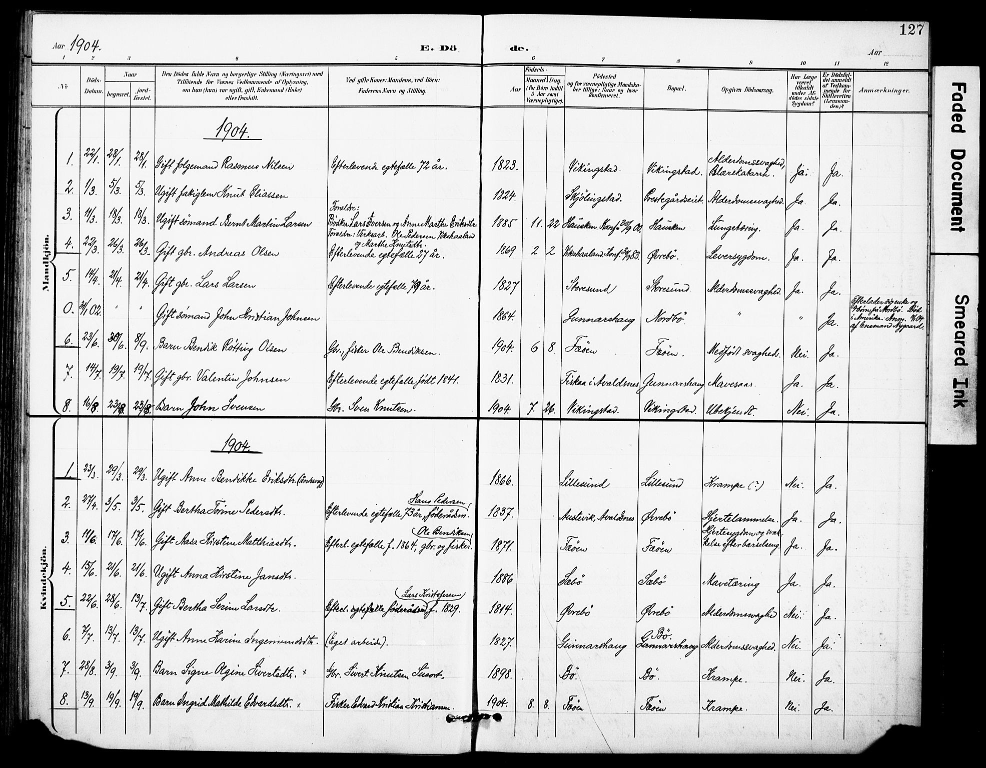 Torvastad sokneprestkontor, SAST/A -101857/H/Ha/Haa/L0017: Parish register (official) no. A 16, 1899-1911, p. 127