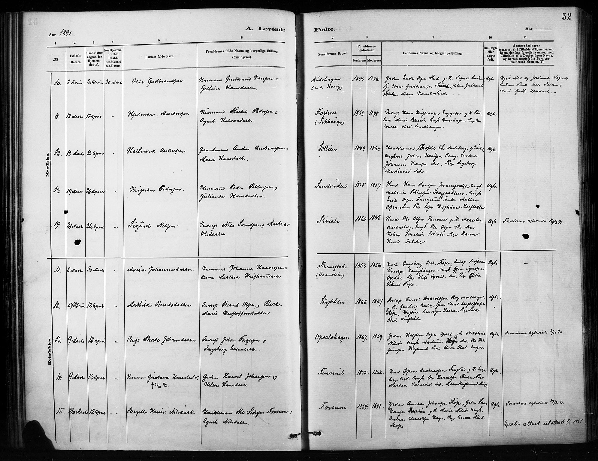 Nordre Land prestekontor, AV/SAH-PREST-124/H/Ha/Haa/L0004: Parish register (official) no. 4, 1882-1896, p. 52