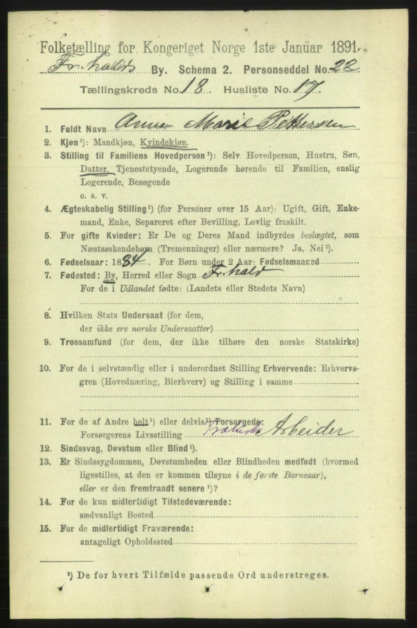RA, 1891 census for 0101 Fredrikshald, 1891, p. 11585