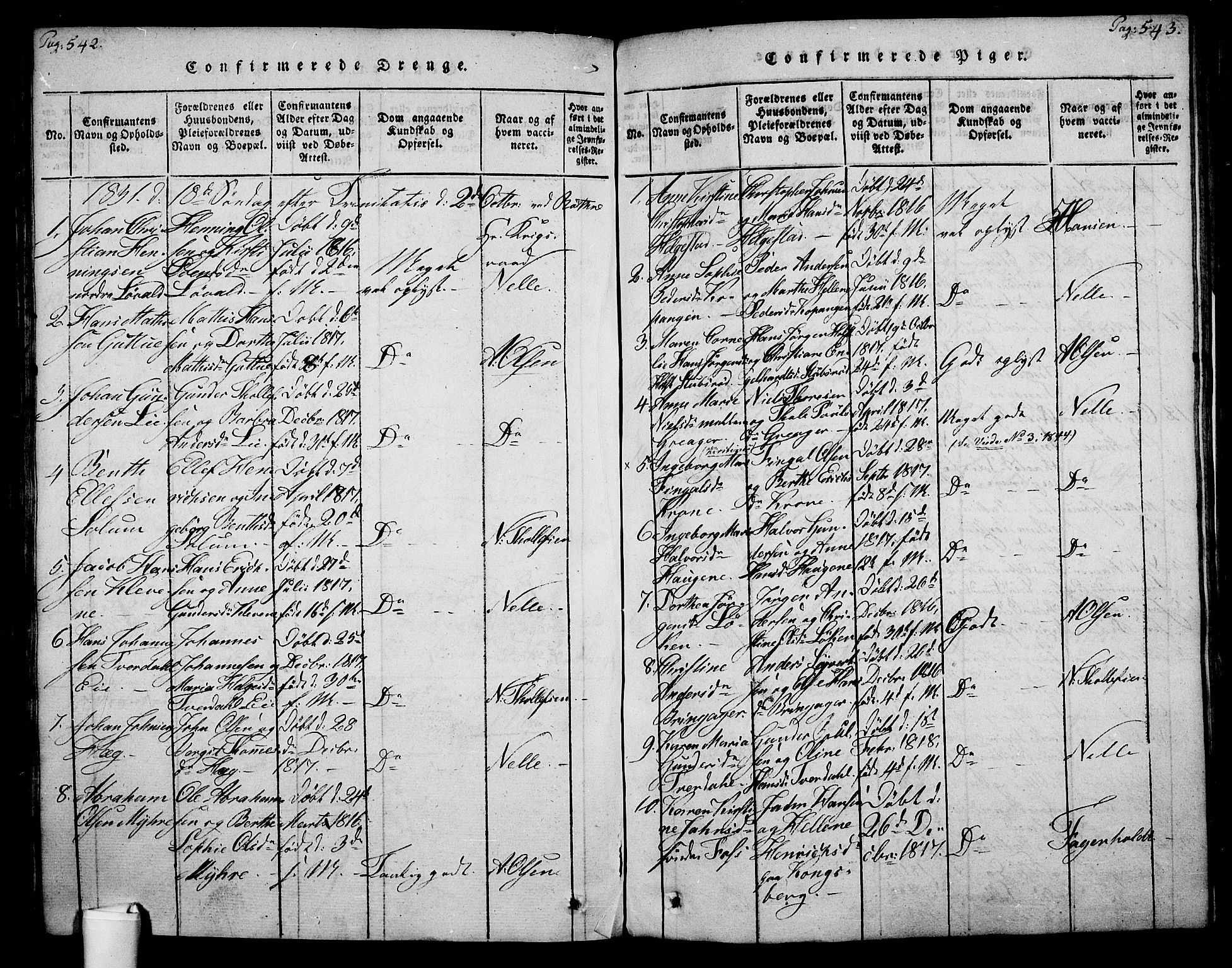 Botne kirkebøker, AV/SAKO-A-340/F/Fa/L0005: Parish register (official) no. I 5, 1814-1836, p. 542-543