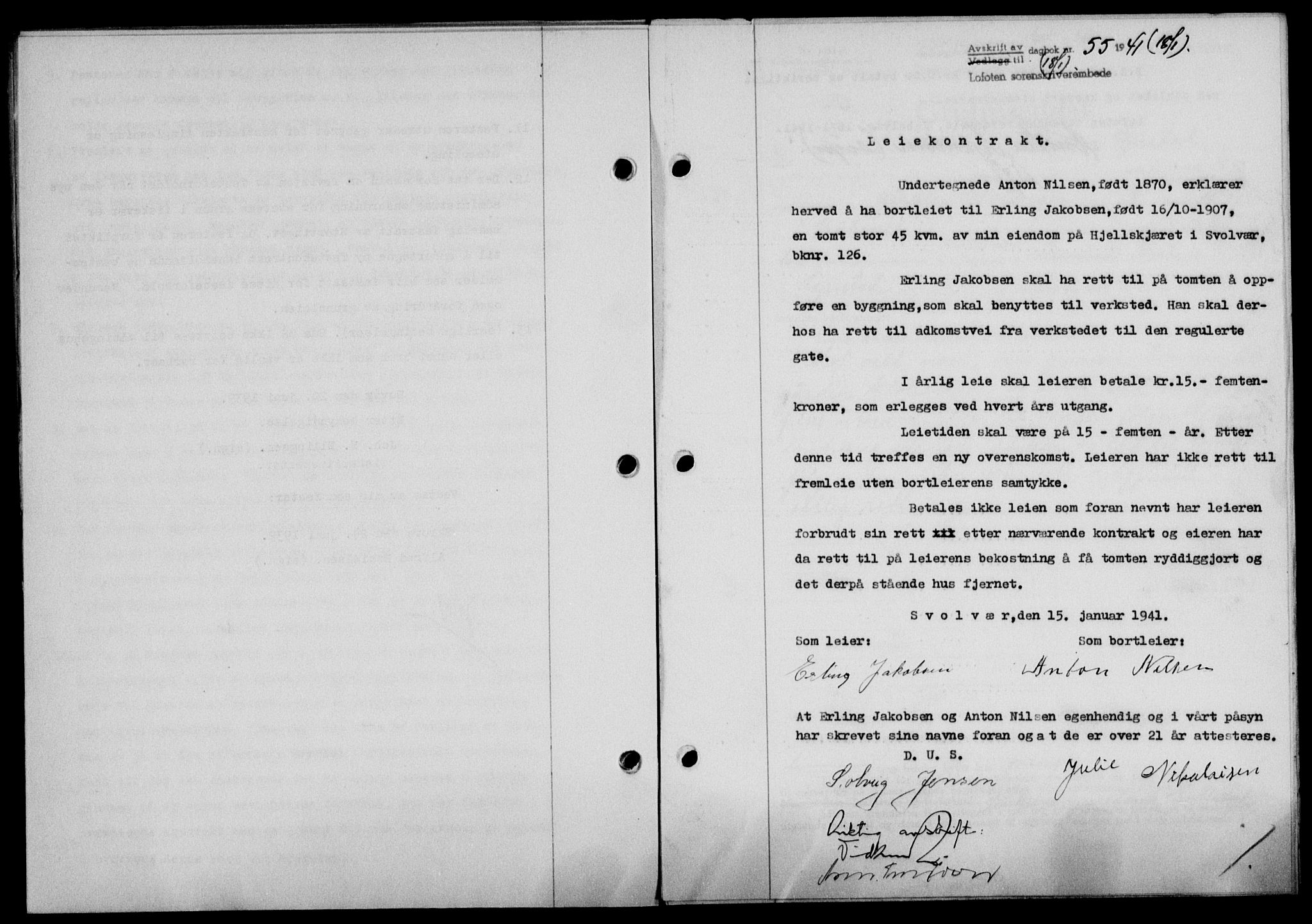 Lofoten sorenskriveri, SAT/A-0017/1/2/2C/L0008a: Mortgage book no. 8a, 1940-1941, Diary no: : 55/1941