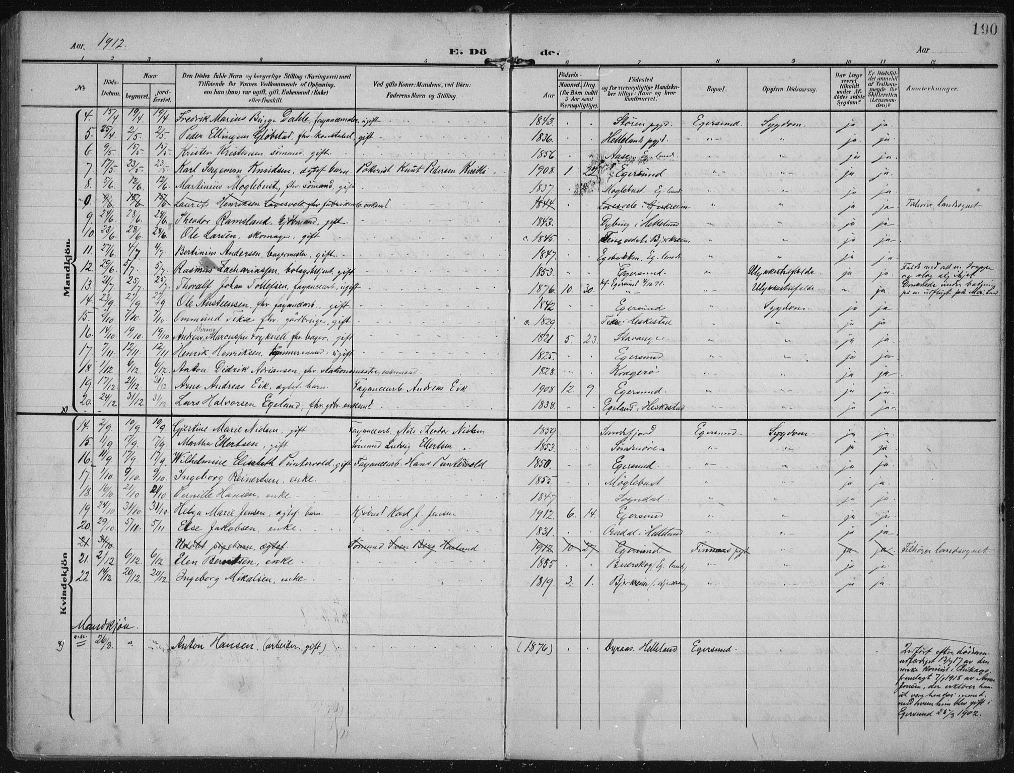 Eigersund sokneprestkontor, AV/SAST-A-101807/S08/L0022: Parish register (official) no. A 21, 1905-1928, p. 190