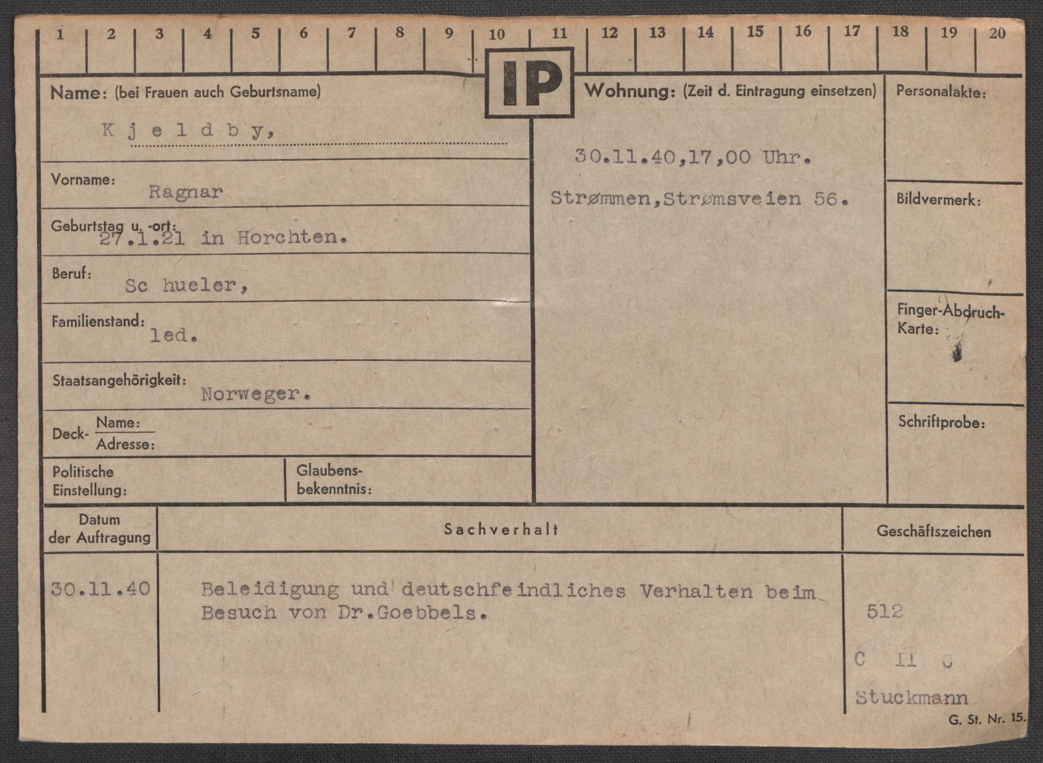 Befehlshaber der Sicherheitspolizei und des SD, AV/RA-RAFA-5969/E/Ea/Eaa/L0005: Register over norske fanger i Møllergata 19: Hø-Kj, 1940-1945, p. 1395