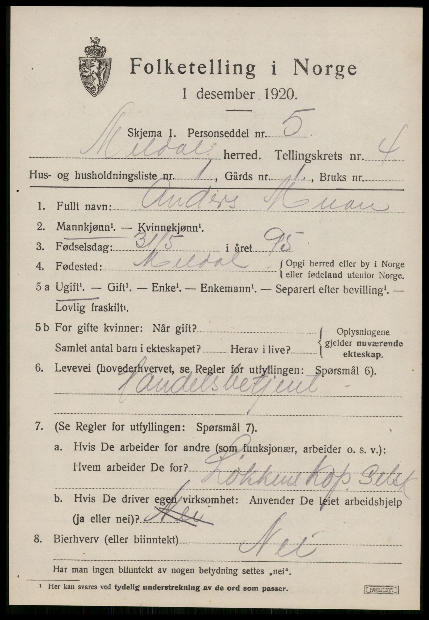 SAT, 1920 census for Meldal, 1920, p. 3639