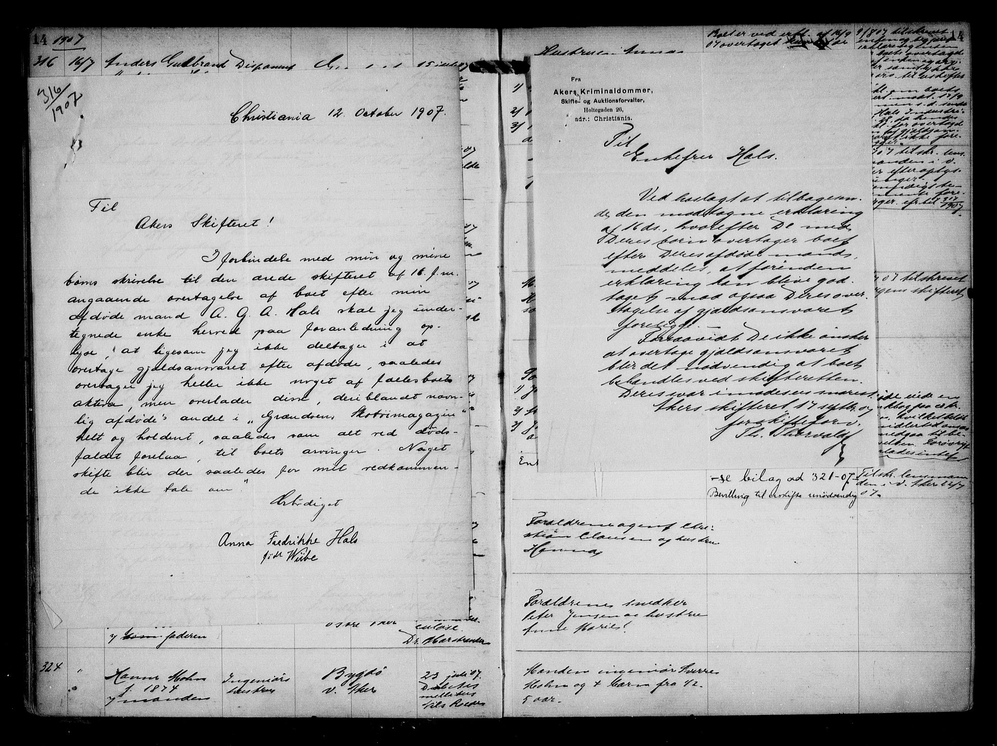 Aker kriminaldommer, skifte- og auksjonsforvalterembete, AV/SAO-A-10452/H/Hb/Hba/Hbaa/L0002: Dødsfallsprotokoll, 1907-1912, p. 14