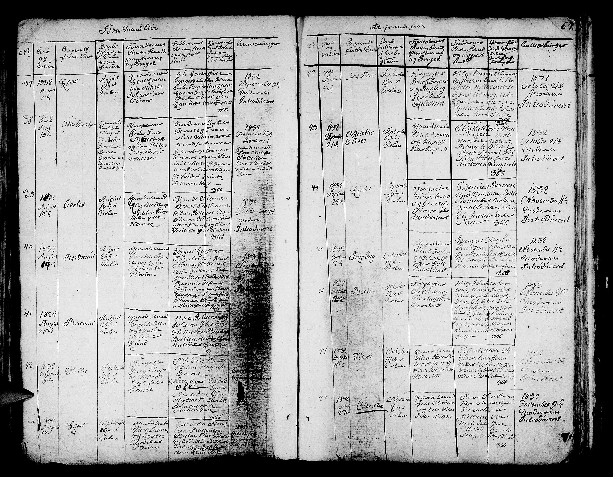 Fana Sokneprestembete, AV/SAB-A-75101/H/Hab/Habc/L0001: Parish register (copy) no. C 1, 1824-1837, p. 67