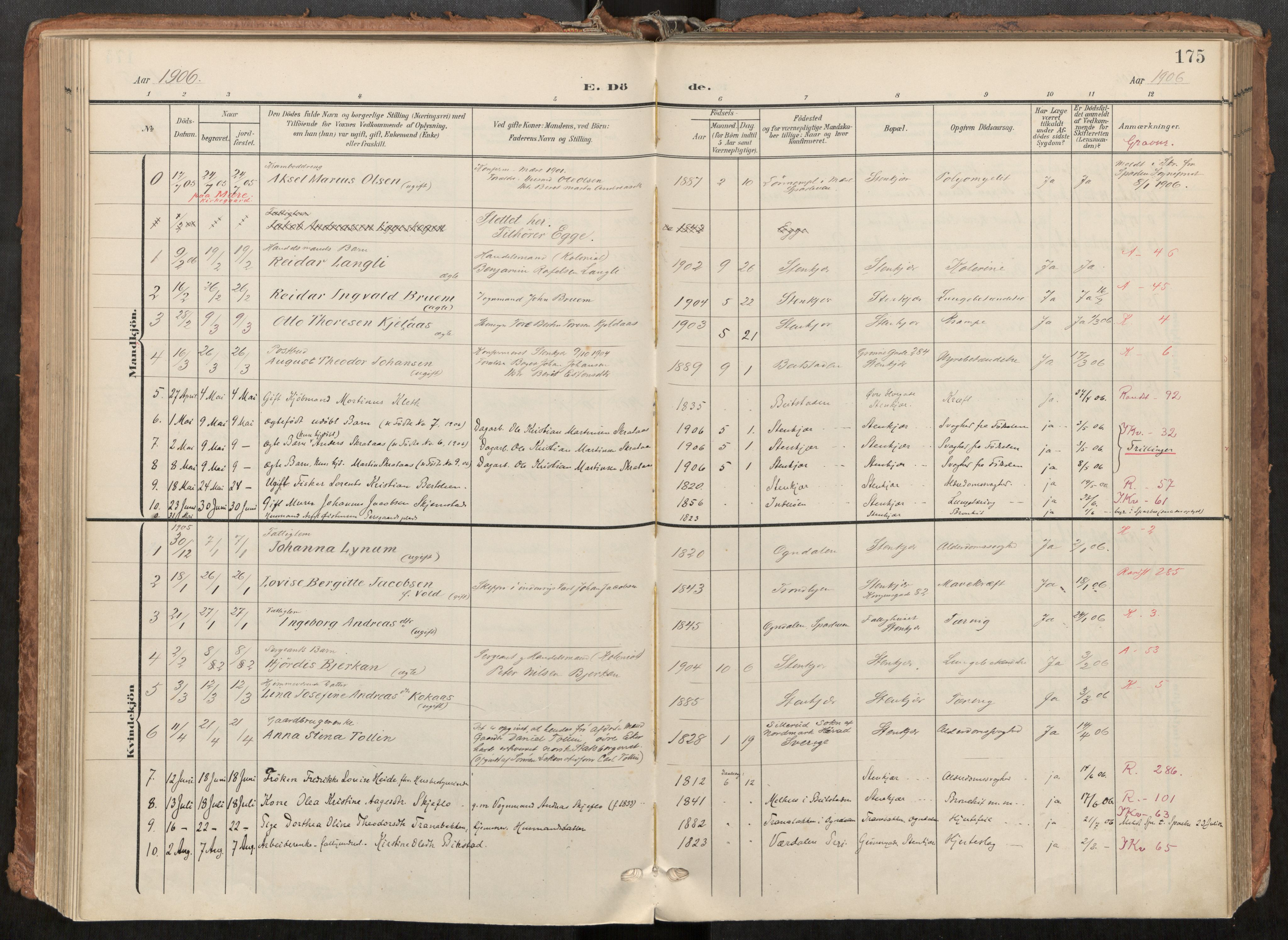 Steinkjer sokneprestkontor, SAT/A-1541/01/H/Ha/Haa/L0001: Parish register (official) no. 1, 1904-1912, p. 175