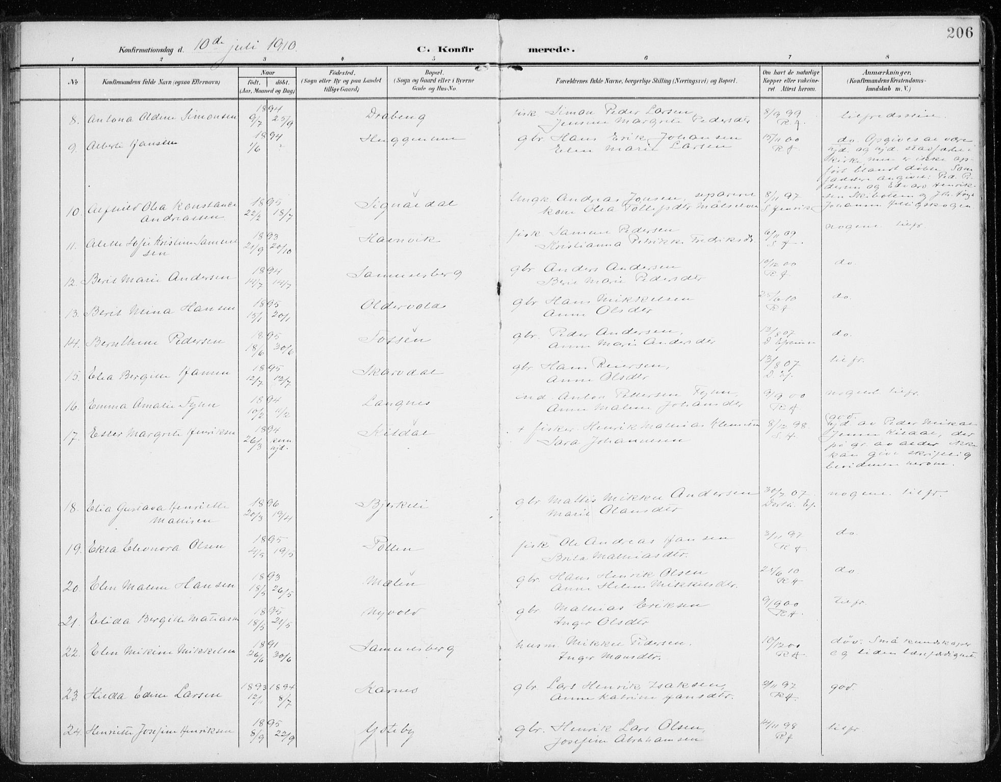 Lyngen sokneprestembete, AV/SATØ-S-1289/H/He/Hea/L0011kirke: Parish register (official) no. 11, 1903-1913, p. 206