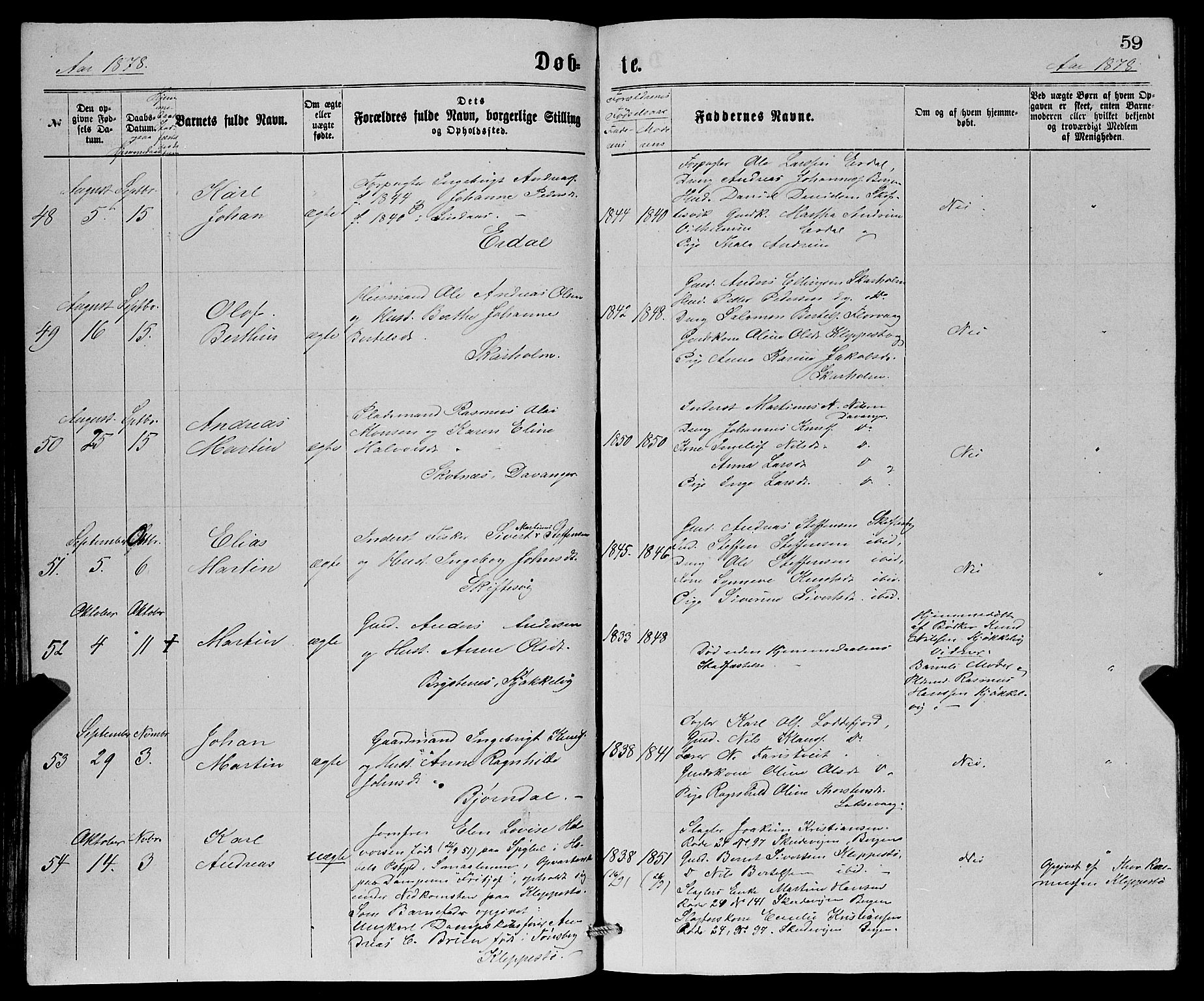 Askøy Sokneprestembete, AV/SAB-A-74101/H/Ha/Hab/Haba/L0007: Parish register (copy) no. A 7, 1871-1881, p. 59