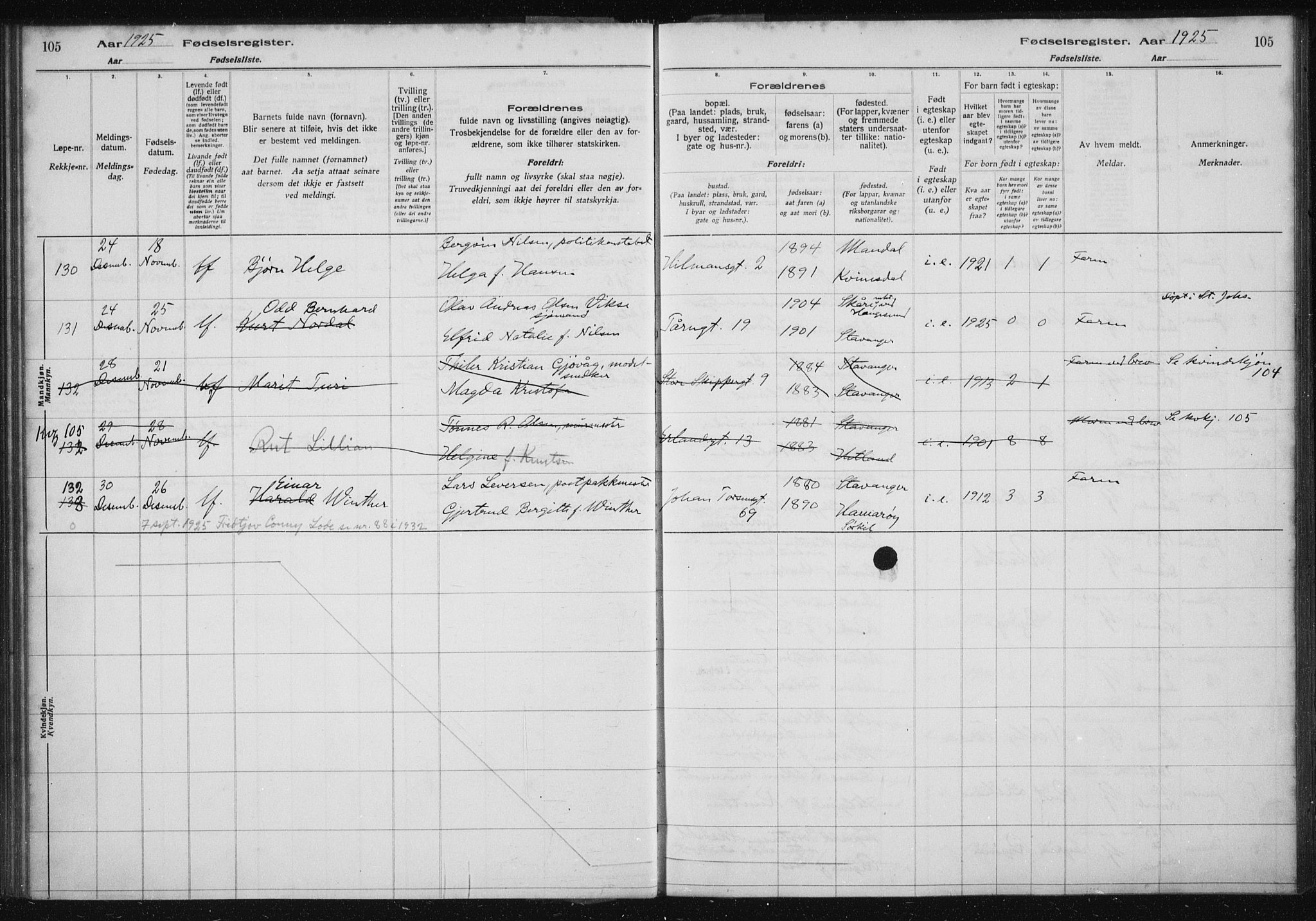 St. Petri sokneprestkontor, AV/SAST-A-101813/002/A/L0002: Birth register no. 2, 1922-1929, p. 105