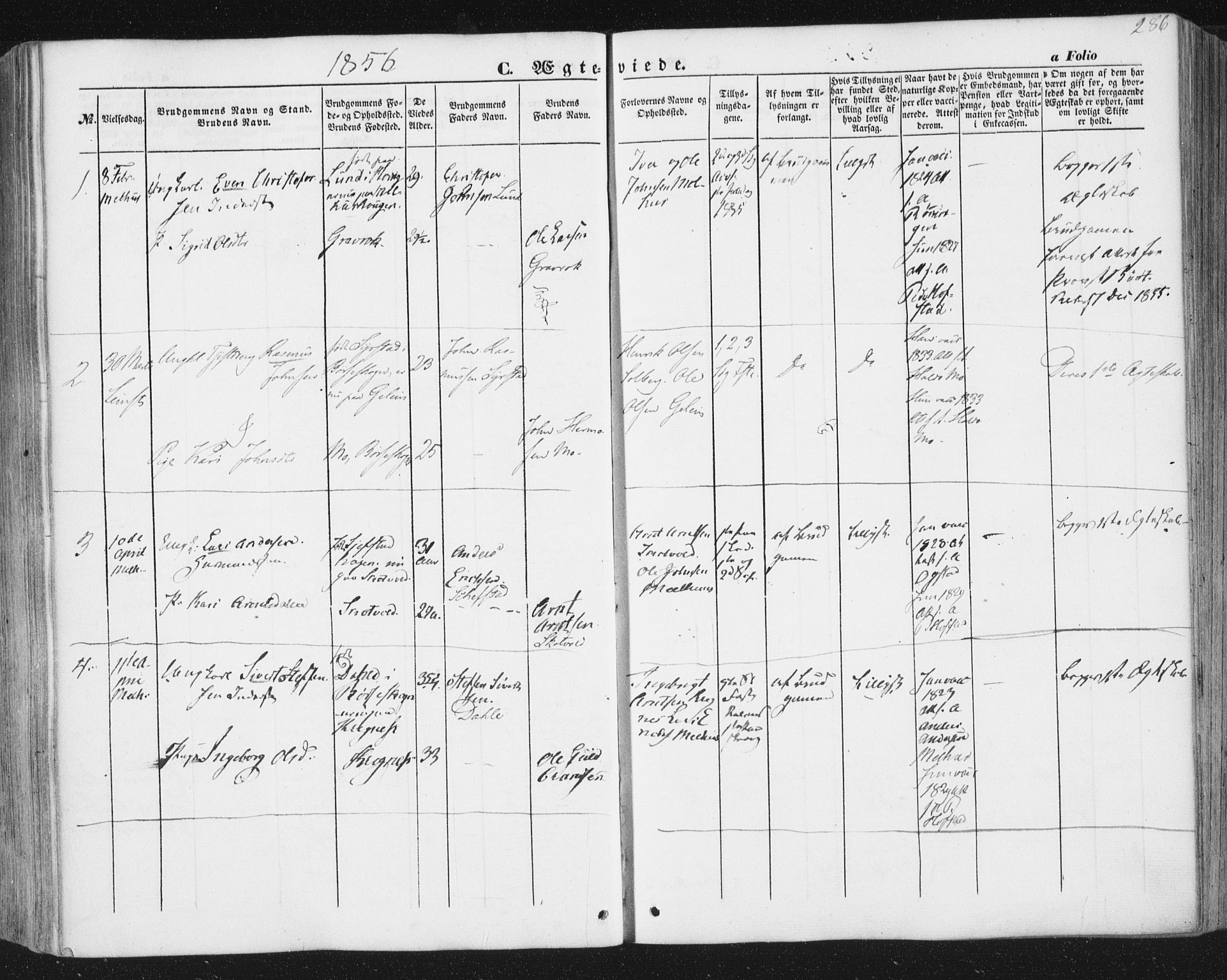 Ministerialprotokoller, klokkerbøker og fødselsregistre - Sør-Trøndelag, SAT/A-1456/691/L1076: Parish register (official) no. 691A08, 1852-1861, p. 286