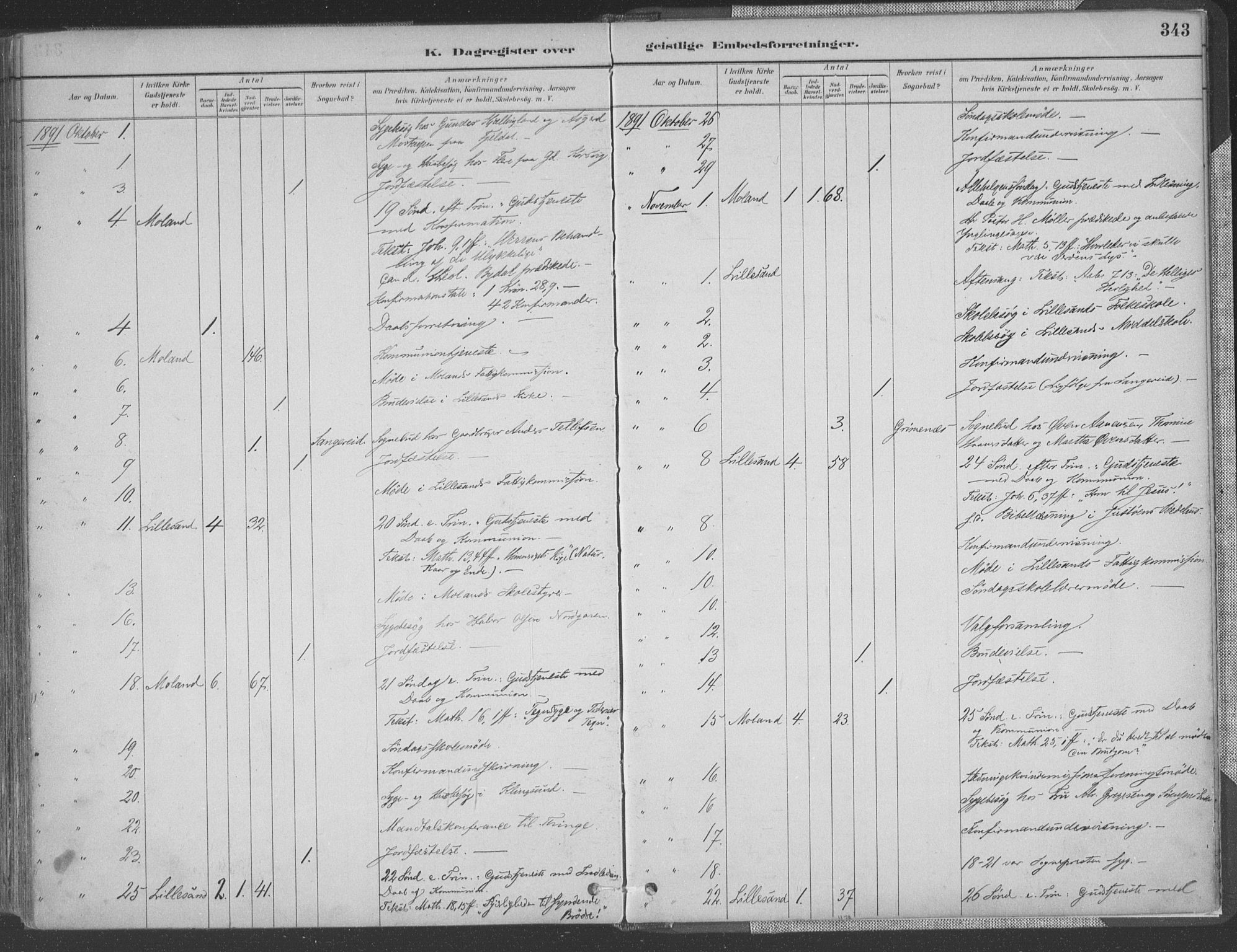 Vestre Moland sokneprestkontor, AV/SAK-1111-0046/F/Fa/Fab/L0009: Parish register (official) no. A 9, 1884-1899, p. 343