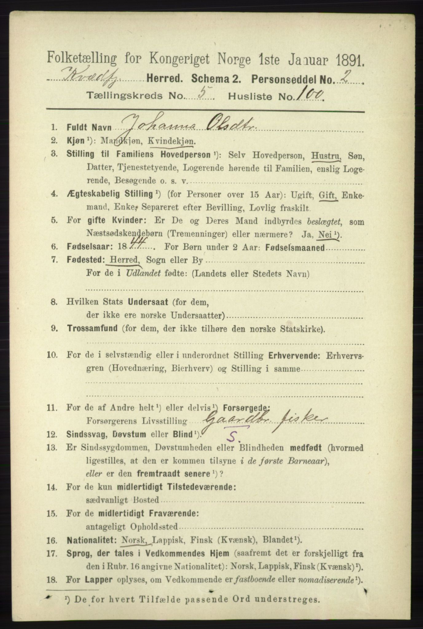 RA, 1891 census for 1911 Kvæfjord, 1891, p. 3468