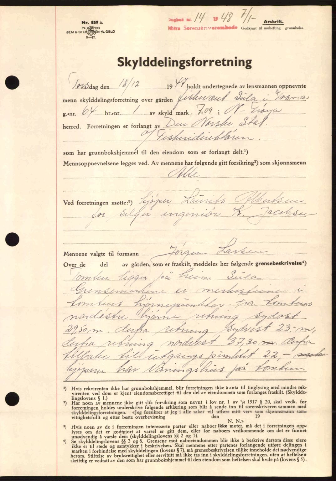 Hitra sorenskriveri, AV/SAT-A-0018/2/2C/2Ca: Mortgage book no. A5, 1947-1948, Diary no: : 14/1948