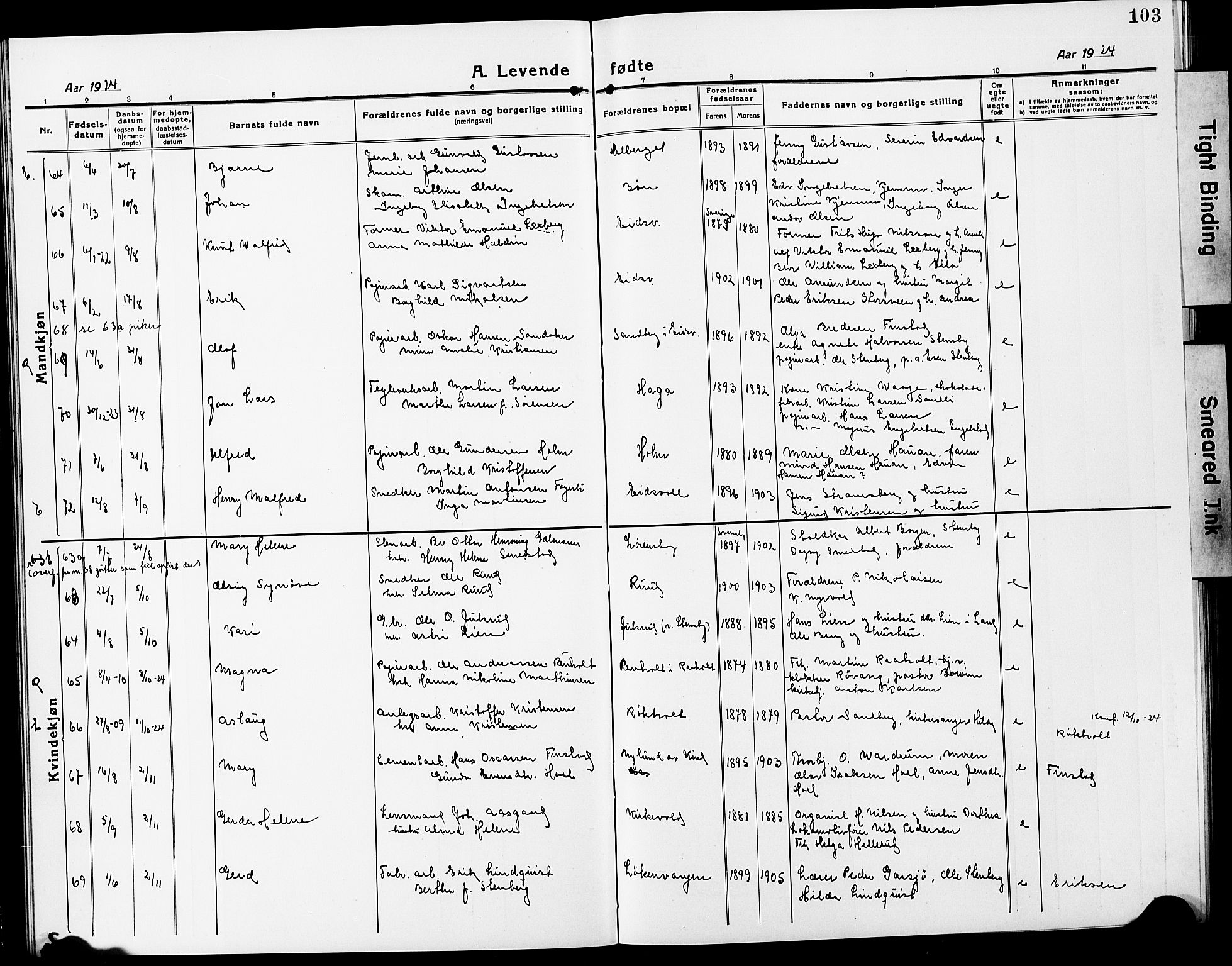 Eidsvoll prestekontor Kirkebøker, AV/SAO-A-10888/G/Ga/L0010: Parish register (copy) no. I 10, 1919-1929, p. 103