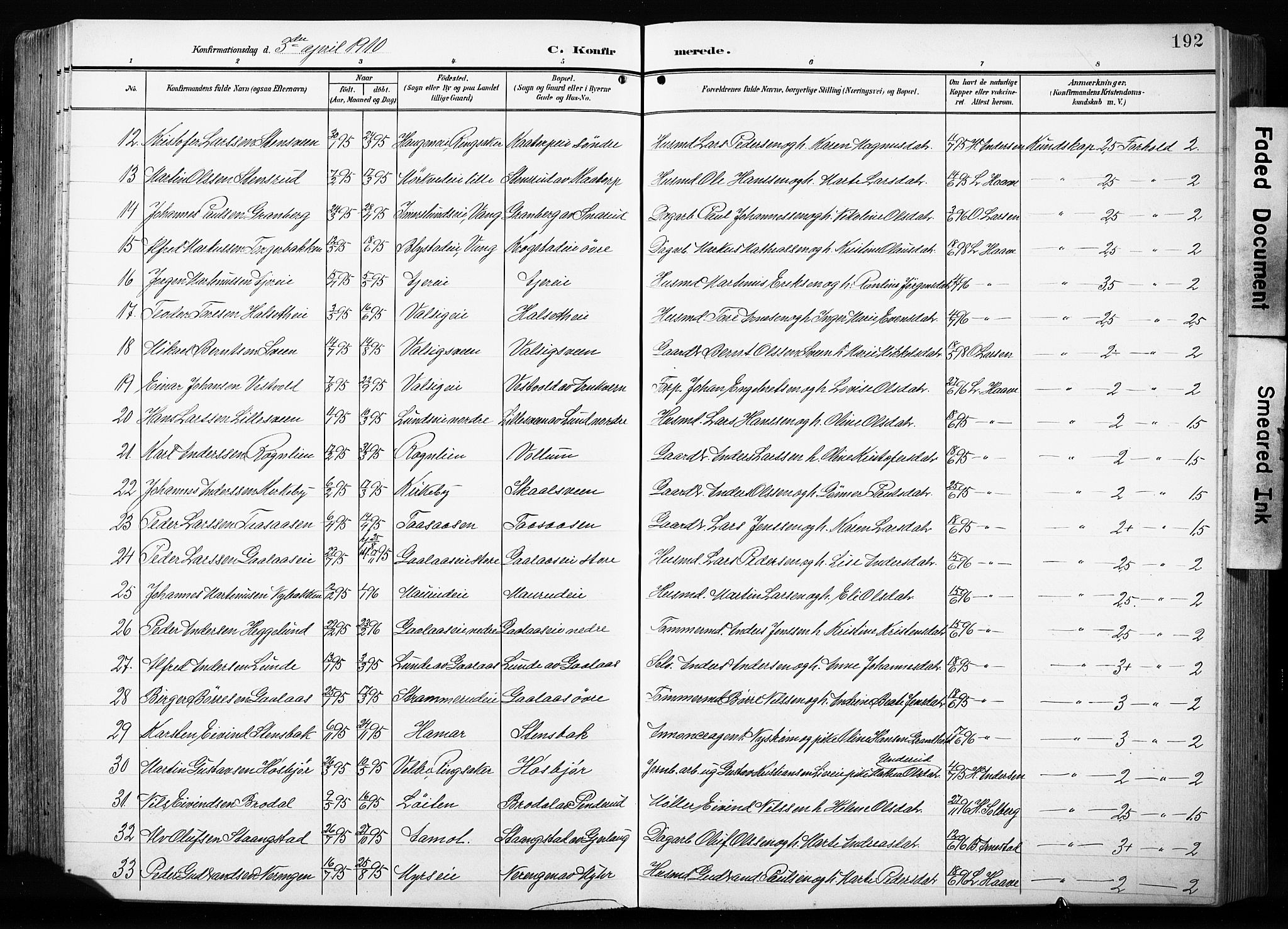 Furnes prestekontor, AV/SAH-PREST-012/L/La/L0001: Parish register (copy) no. 1, 1904-1933, p. 192