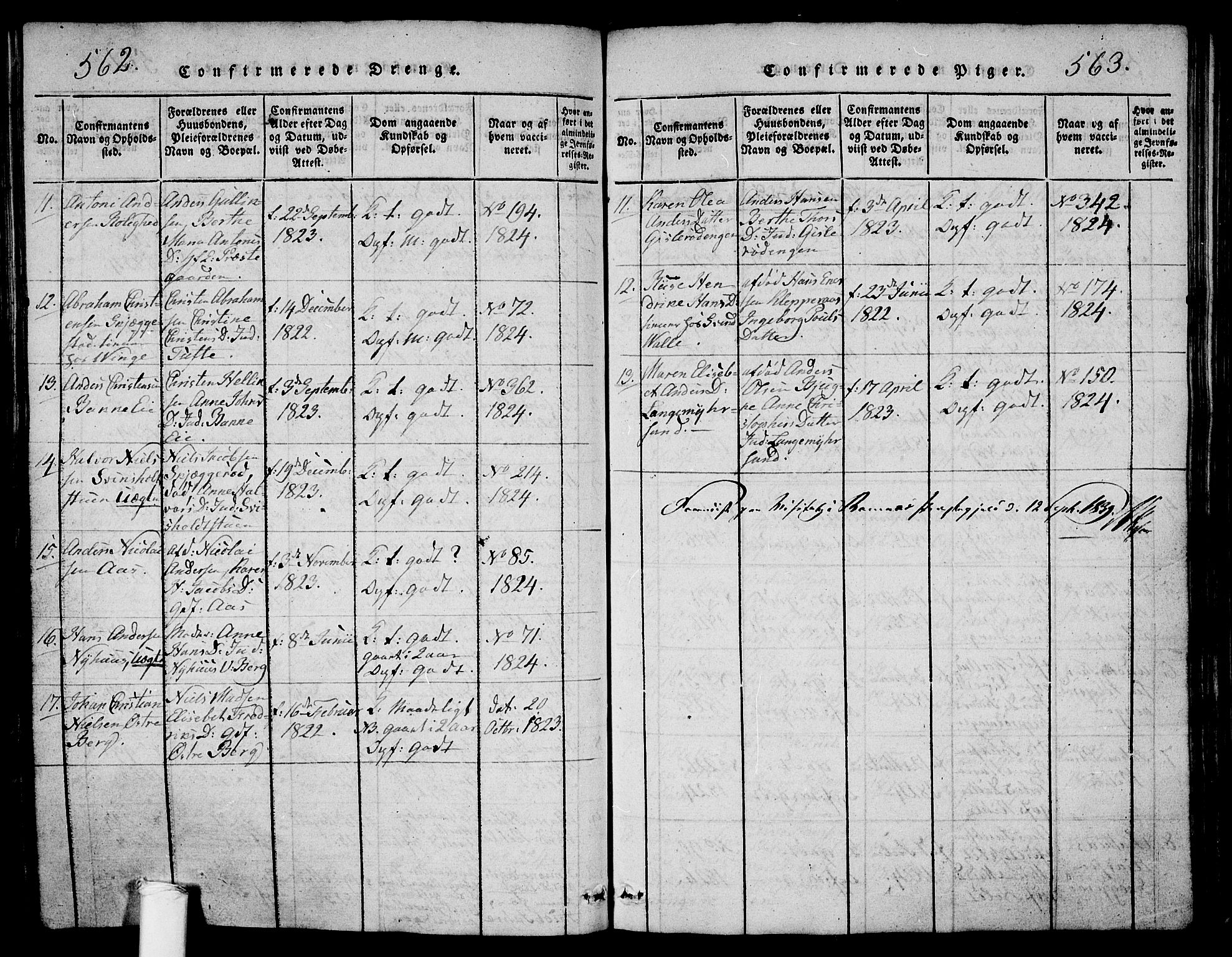 Ramnes kirkebøker, AV/SAKO-A-314/G/Ga/L0001: Parish register (copy) no. I 1, 1813-1847, p. 562-563