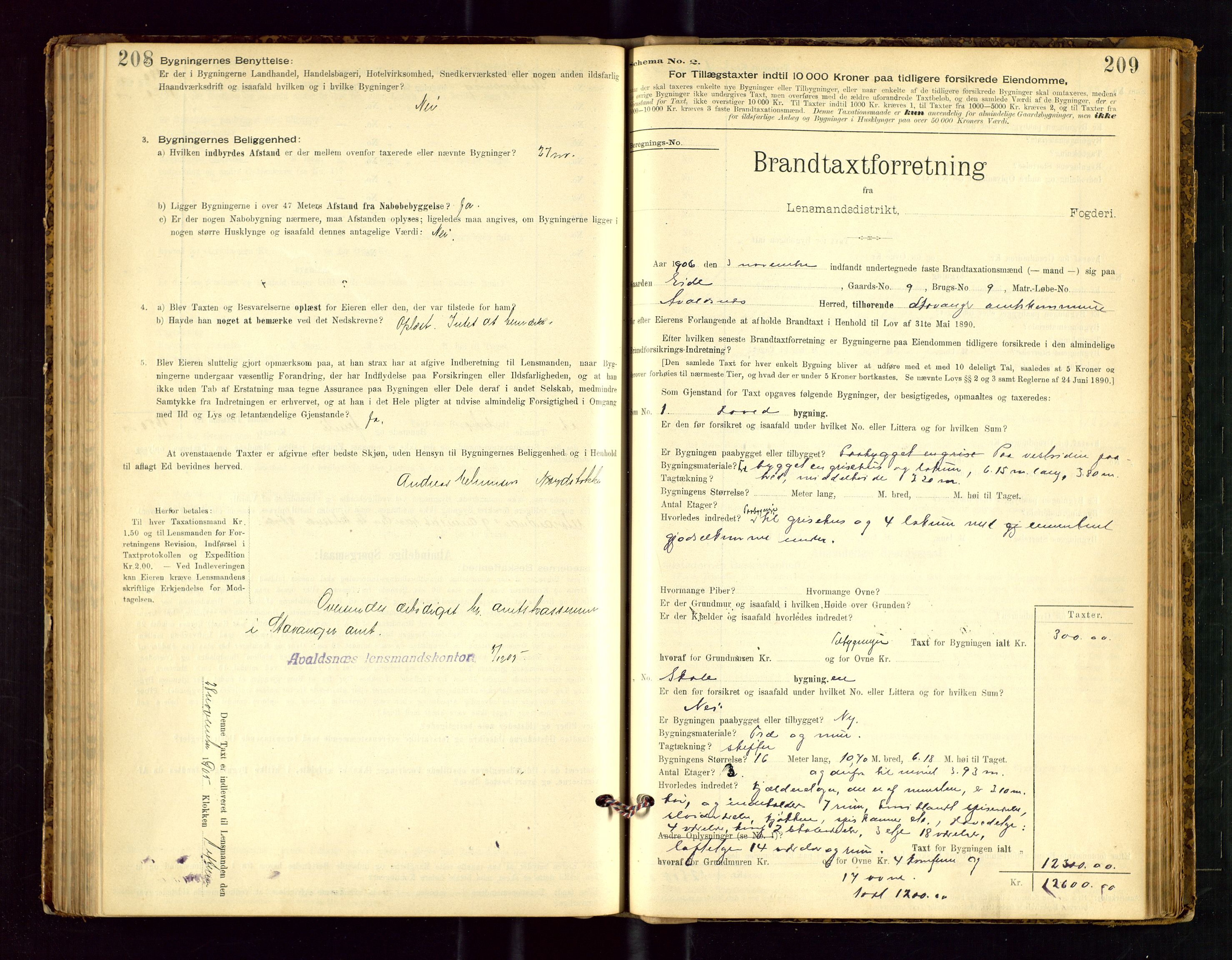 Avaldsnes lensmannskontor, SAST/A-100286/Gob/L0001: "Brandtaxationsprotokol for Avaldsnes Lensmandsdistrikt Ryfylke Fogderi", 1894-1925, p. 208-209
