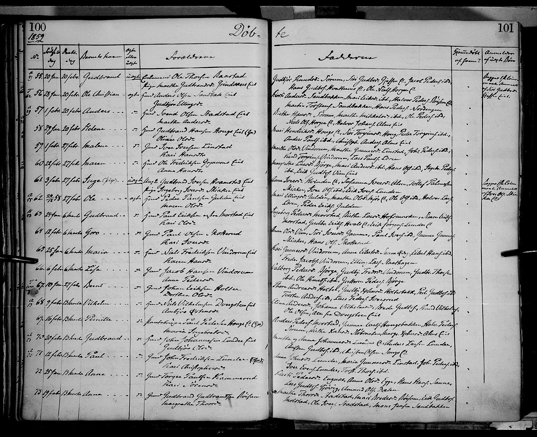 Gran prestekontor, AV/SAH-PREST-112/H/Ha/Haa/L0012: Parish register (official) no. 12, 1856-1874, p. 100-101